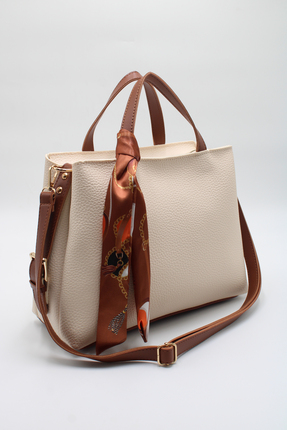 LASSO Kadın Krem Taba Büyük Boy Çift Saplı Fular Detaylı El, Kol ve Omuz Çantası