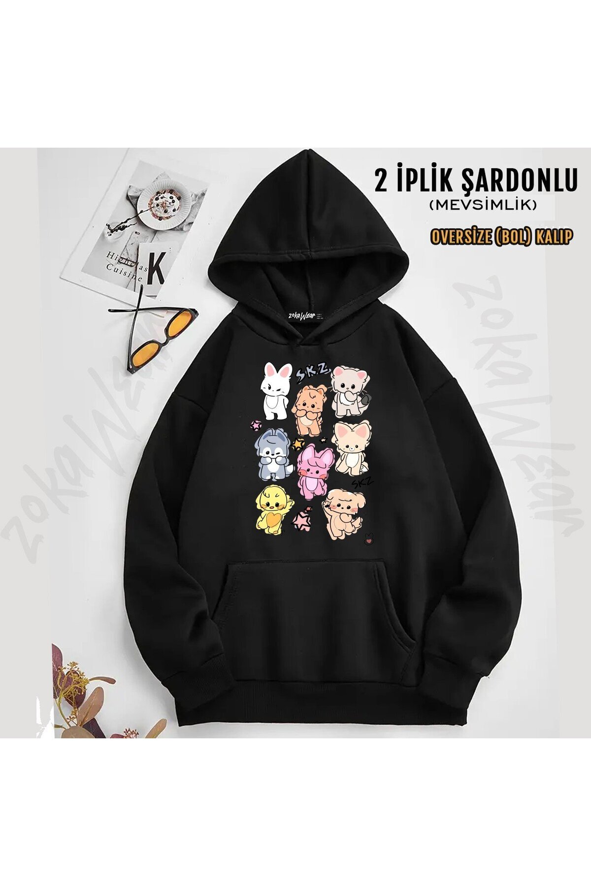 ZOKAWEAR Stray Kids Skzoo v3 Baskılı Kapüşonlu Sweatshirt (2 İplik