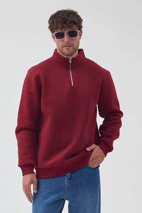 libukes Erkek Yarım Fermuarlı Oversize Bordo Sweatshirt