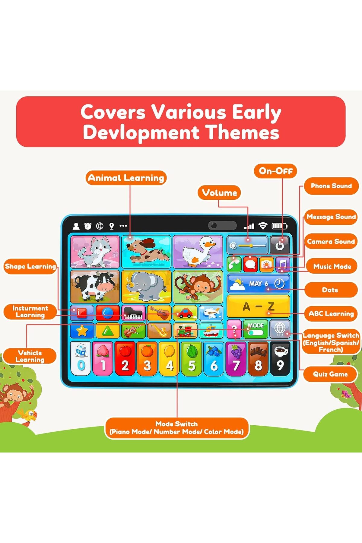 Picodino Tabletă educațională pentru copii 1-3 ani – Jucărie muzicală cu sunete și lumini, 39 de funcții