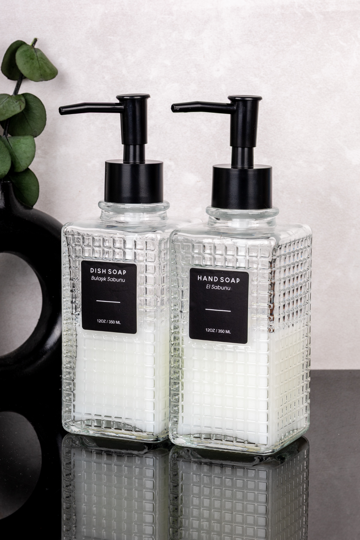 2-Piece Luxury Glass Liquid Soap Dishwashing Detergent Bottle Soap Dispenser Detergent Set 350ml