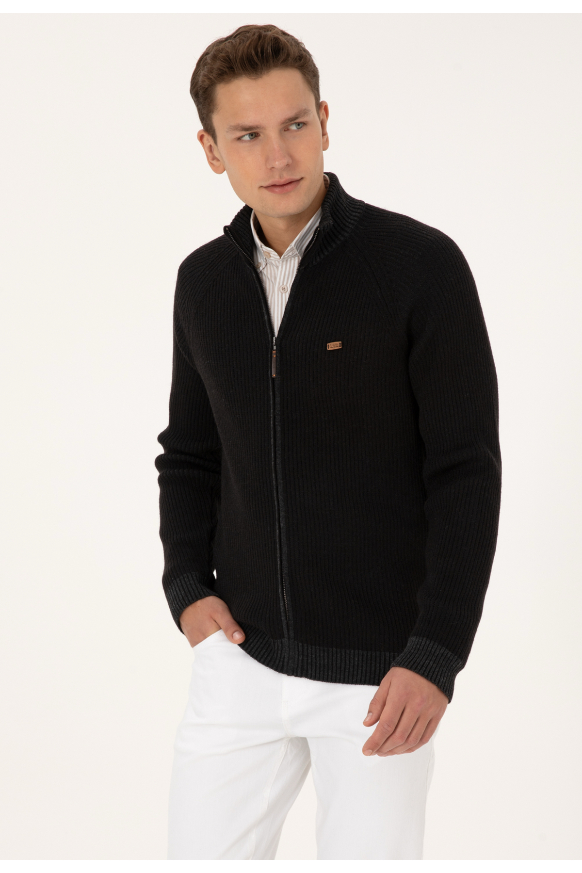 یو اس پولو ژاکت کشباف مردانه یقه ایستاده سرمه‌ای DMK.2335444.TALO