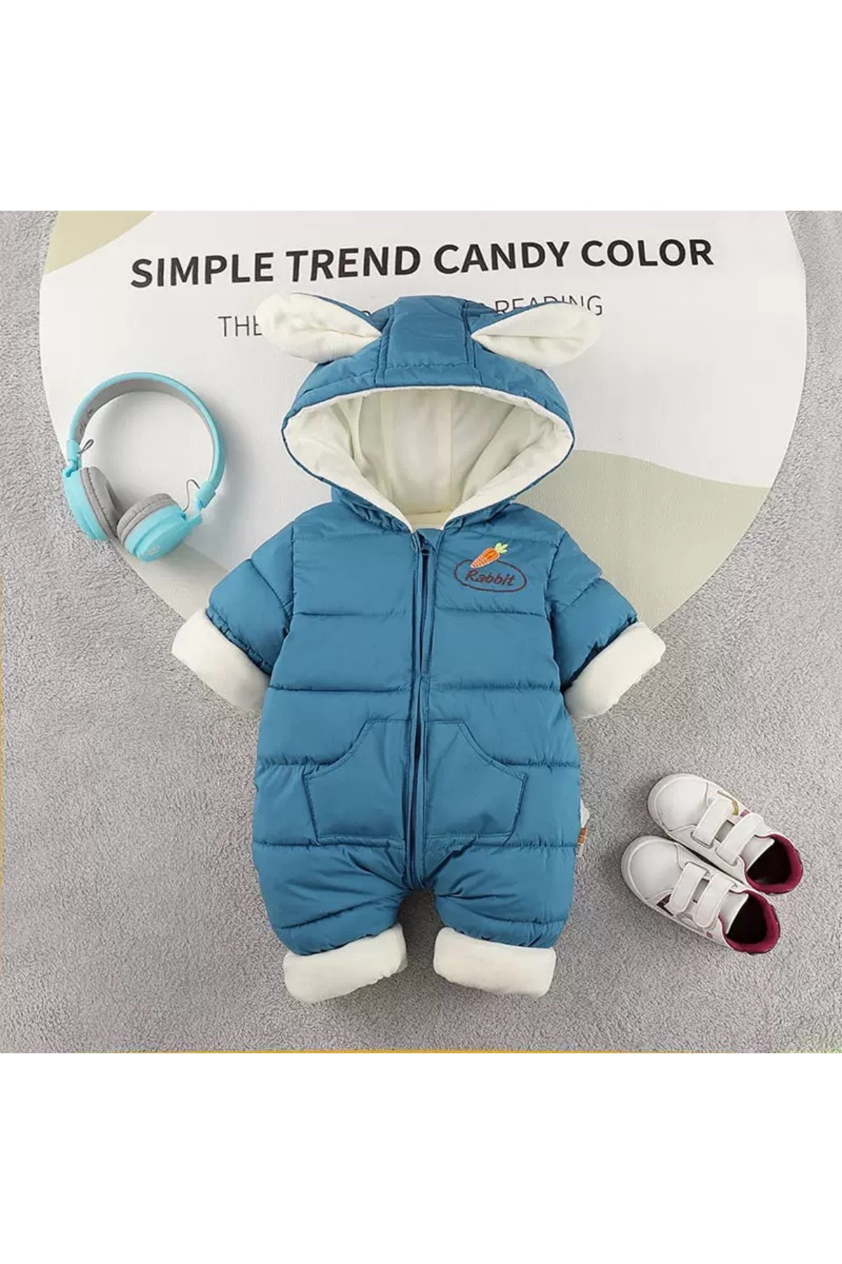 melisam.msg Kız Erkek Bebek Tavşan Kulaklı Kış Kalın Sevimli Astar Şişme Tulum Mont fotoğrafı 2 (önizleme)