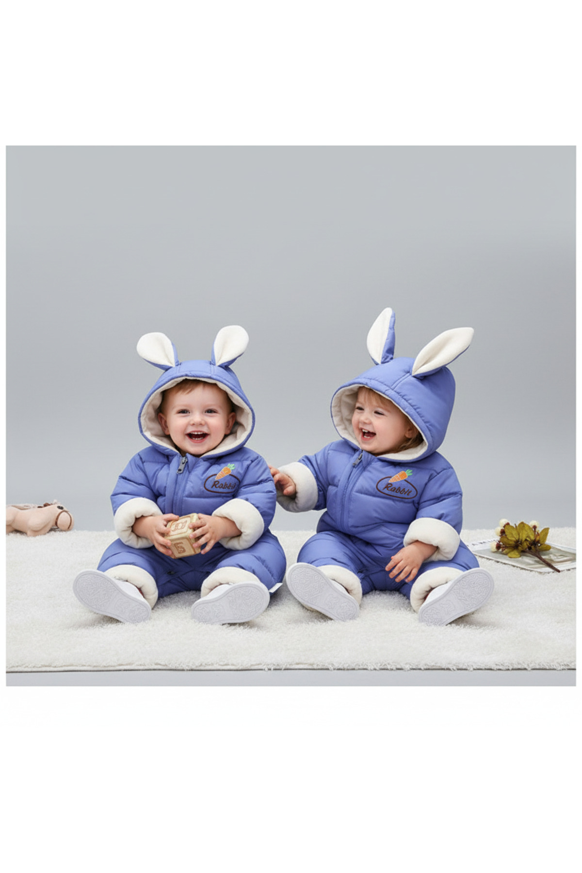 melisam.msg Kız Erkek Bebek Tavşan Kulaklı Kış Kalın Sevimli Astar Şişme Tulum Mont fotoğrafı 3 (önizleme)