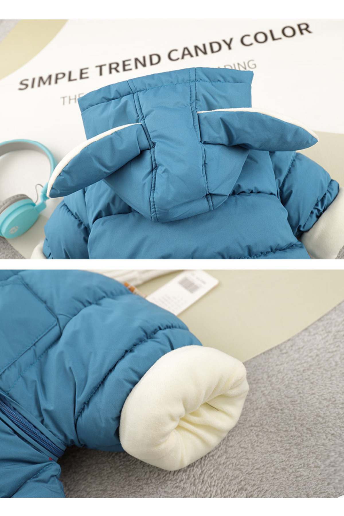 melisam.msg Kız Erkek Bebek Tavşan Kulaklı Kış Kalın Sevimli Astar Şişme Tulum Mont fotoğrafı 6 (önizleme)