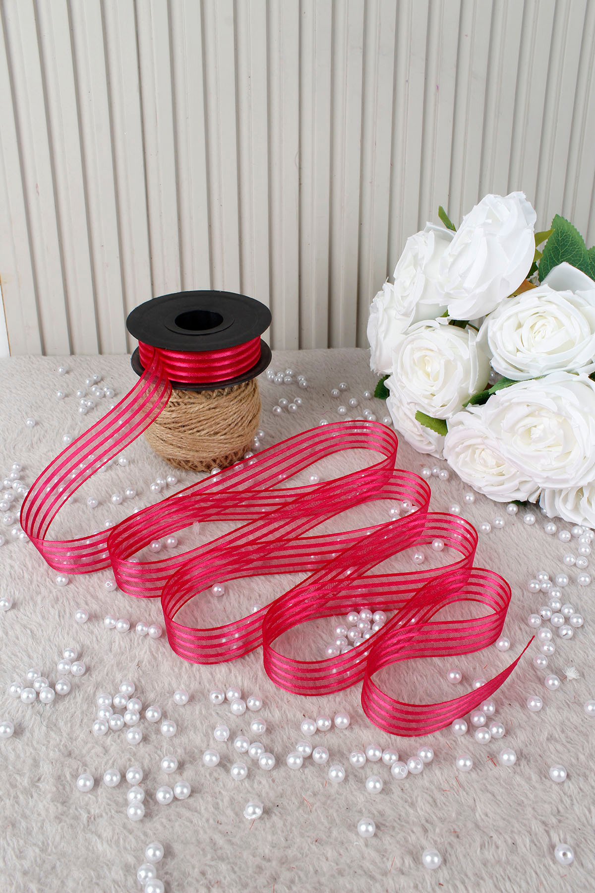 Fuchsia Hilton Striped Chiffon Ribbon 2.5 cm 20 mt-Bundle, Wedding, Engagement, Dowry, Gift, Ornament, Party