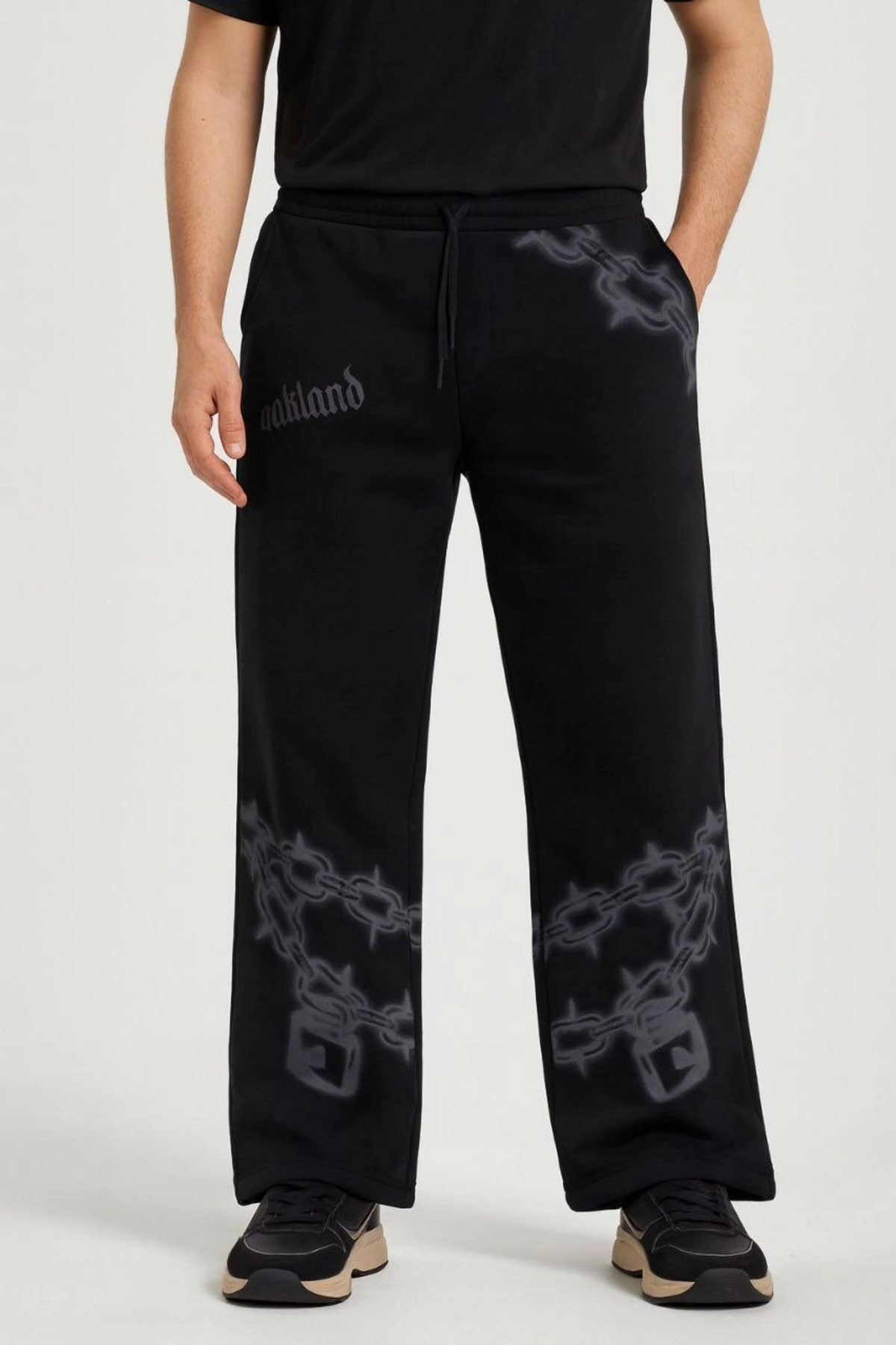 Genel Markalar Erkek Üç İplik Pamuklu Baskılı Cepli Jogger Buggy Pantalon Oversize Kalıp - Siyah