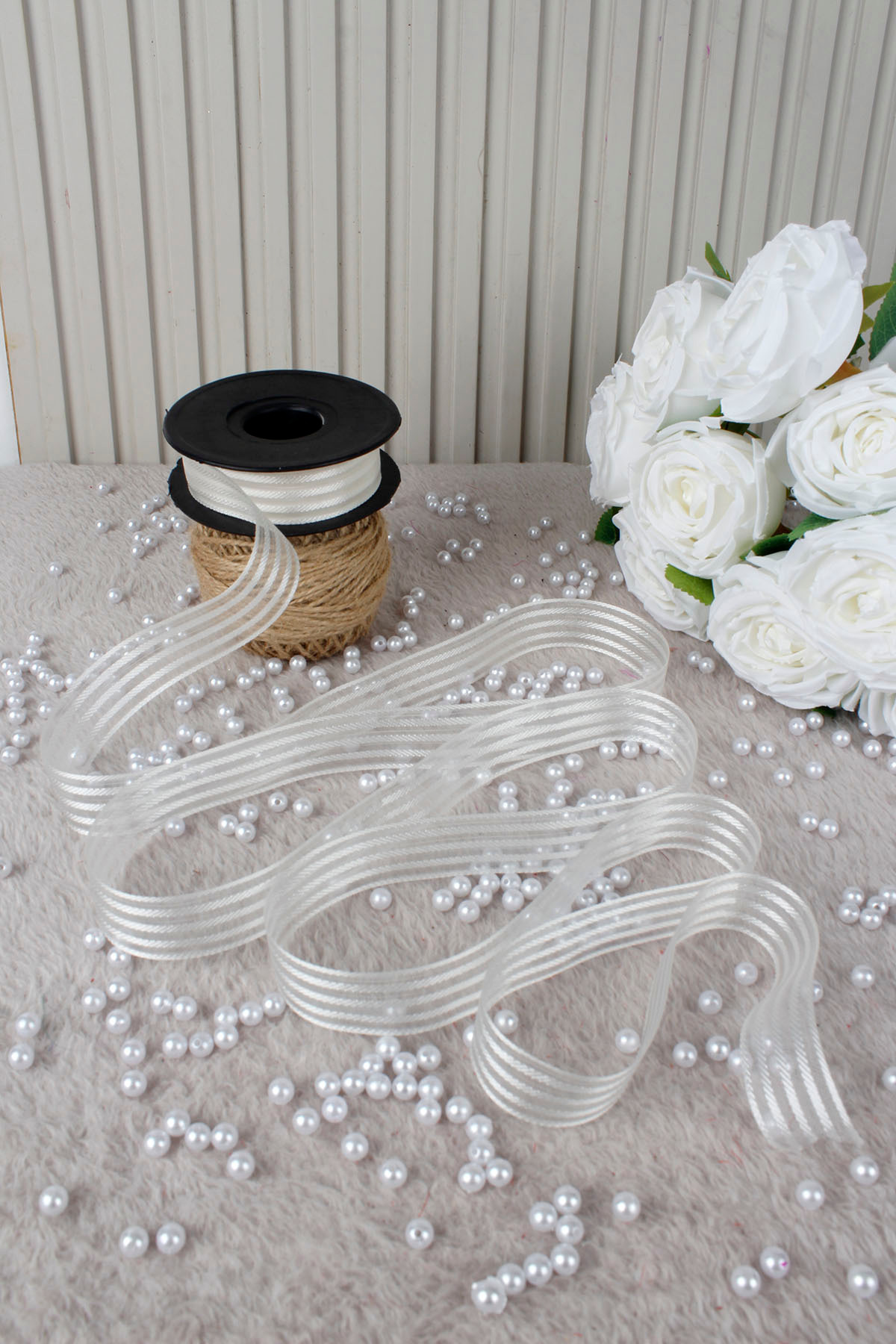 Cream Hilton Striped Chiffon Ribbon 2.5 cm 20 mt - Bundle, Wedding, Engagement, Dowry, Gift, Ornament, Party