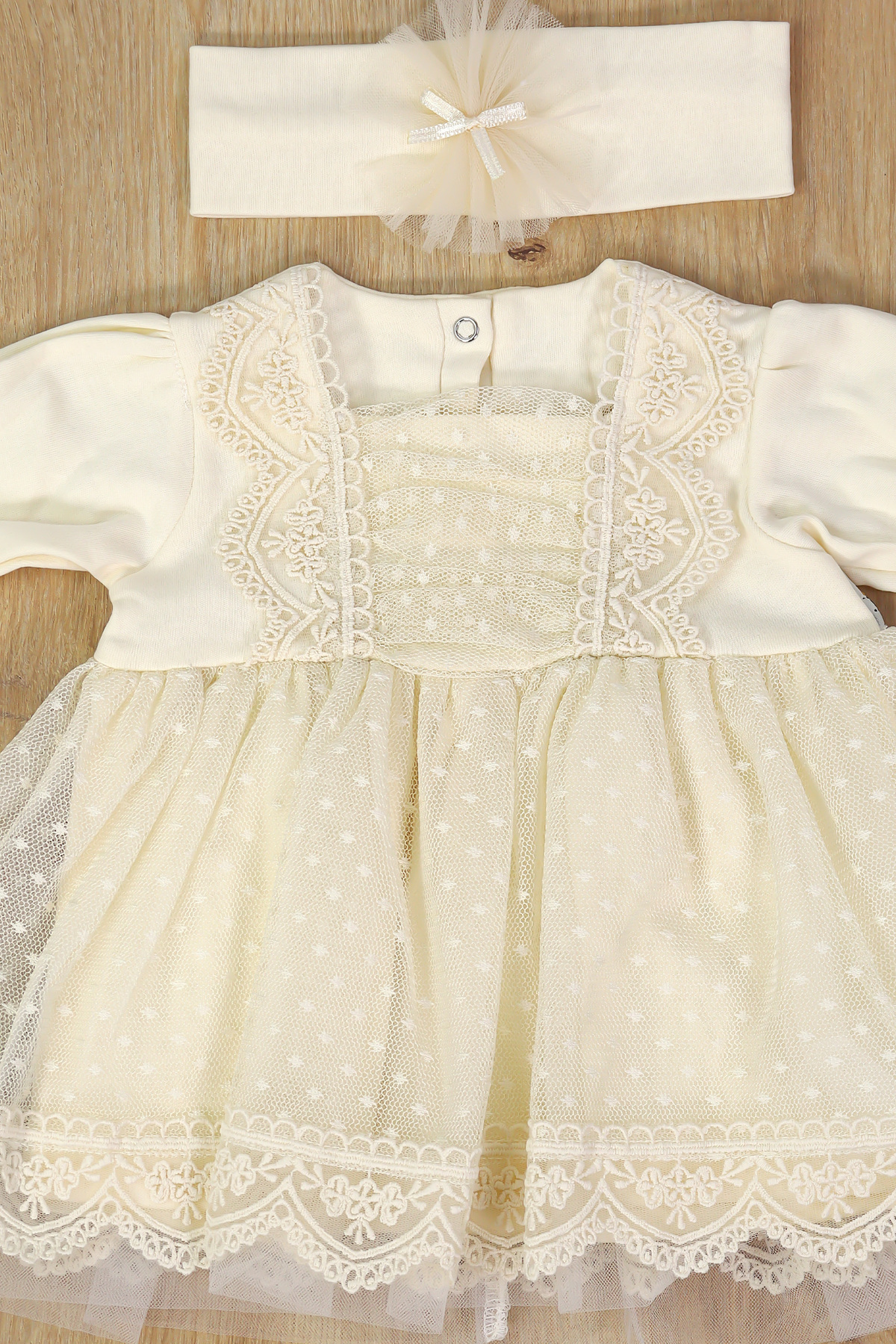 Sitilin Kız Bebek Elbisesi Bej Gelinlik Fransız Dantelli Mevlit Takımı Bebek Mevlütlük Hediye Seti fotoğrafı 3 (önizleme)
