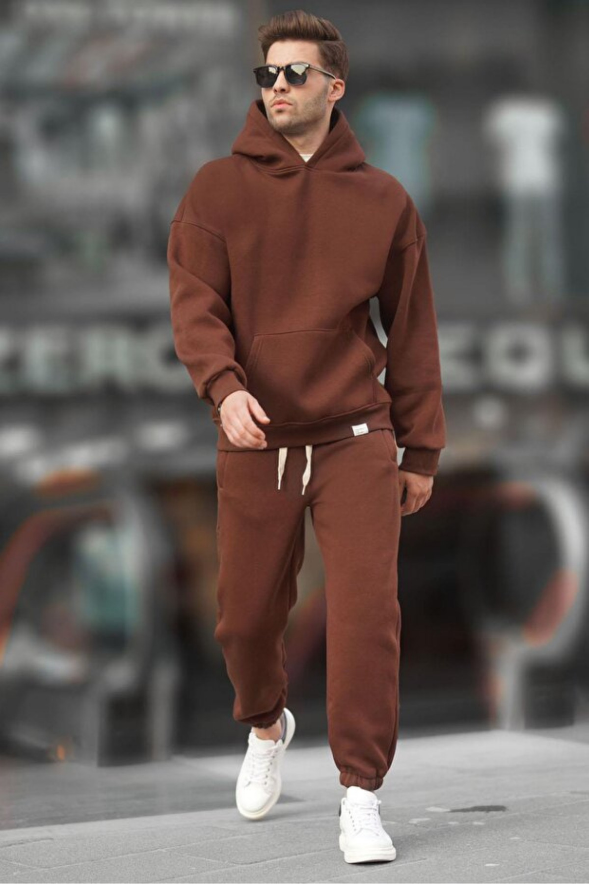 Kapşonlu 3 İplik Şardonlu Rahat Kesim Kışlık Hoodie Eşofman Takımı — قهوه‌ای MstfETK3I-1