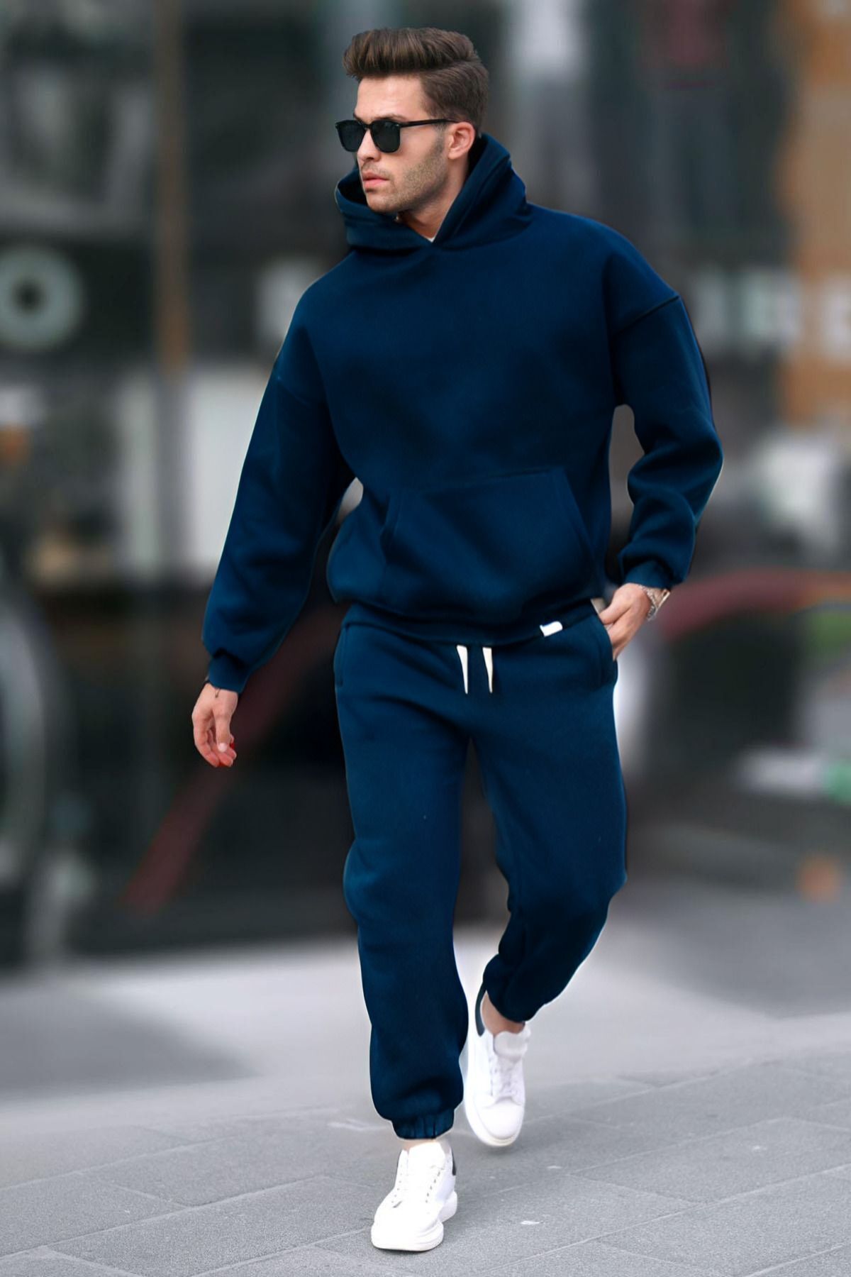 Kapşonlu 3 İplik Şardonlu Rahat Kesim Kışlık Hoodie Eşofman Takımı — سرمه‌ای MstfETK3I-1