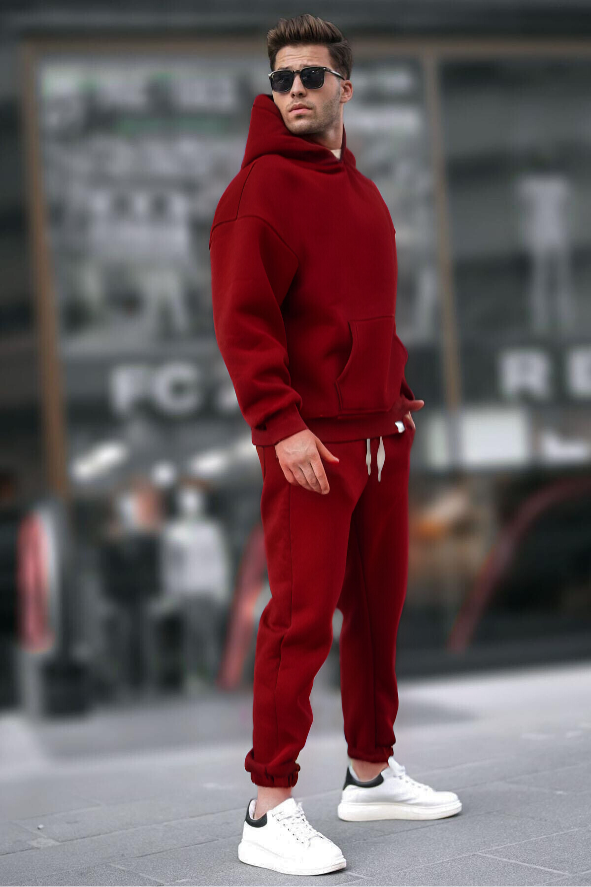 Kapşonlu 3 İplik Şardonlu Rahat Kesim Kışlık Hoodie Eşofman Takımı — زرشکی MstfETK3I-1 — تصویر 2 از 2