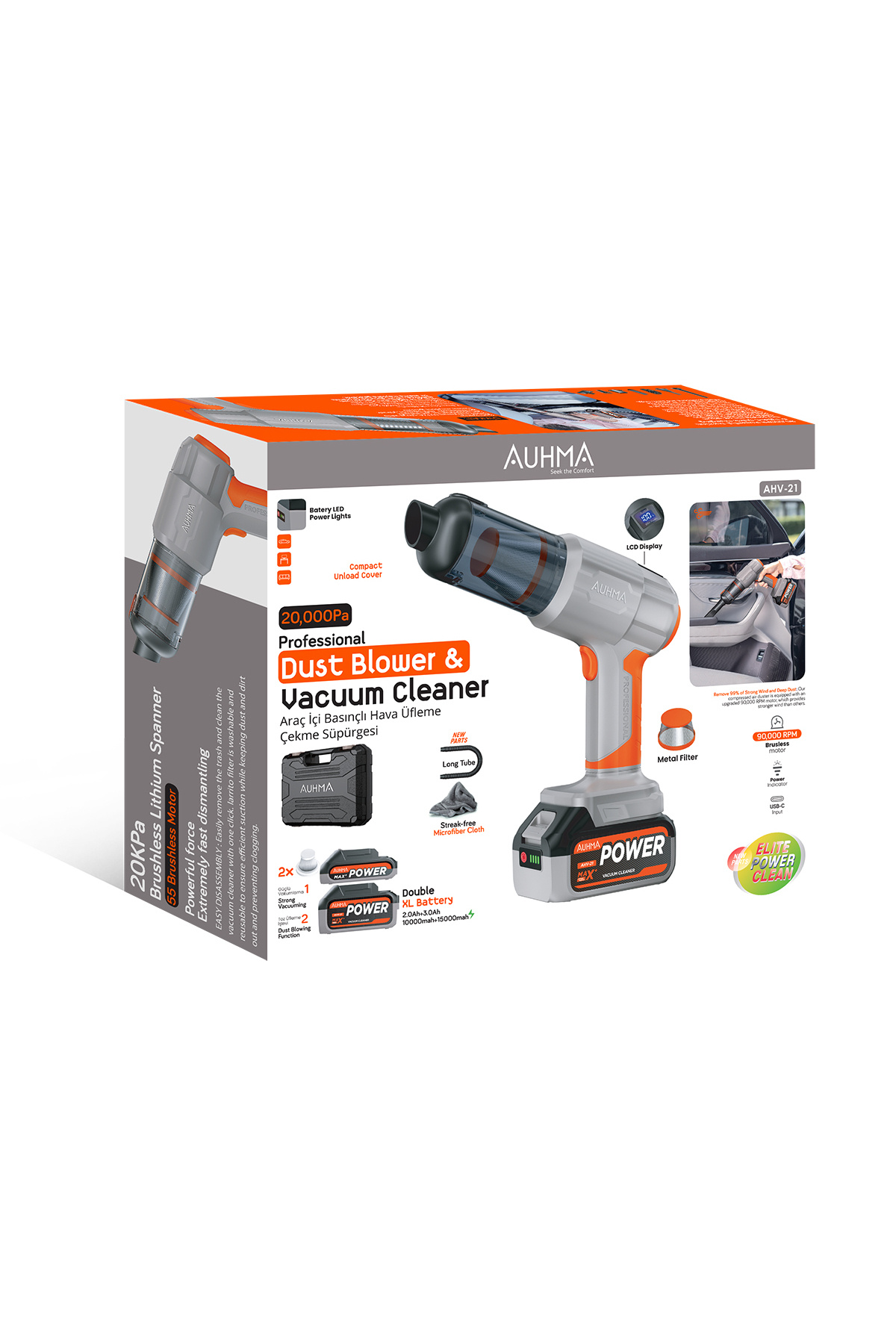 auhma AHV-21 20.000Pa Şarjlı Araç Süpürgesi ve Hava Üfleyici - Çift Bataryalı Profesyonel Set