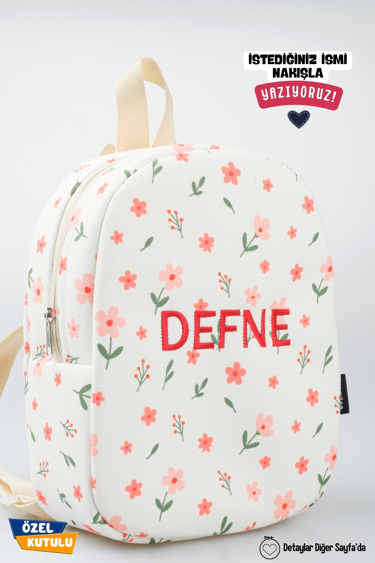 Minilee  Minik Çiçekler – Çiçek Desenli Anaokulu Kreş Çocuk Çantası Kişiye Özel Nakışlı - Görsel 3