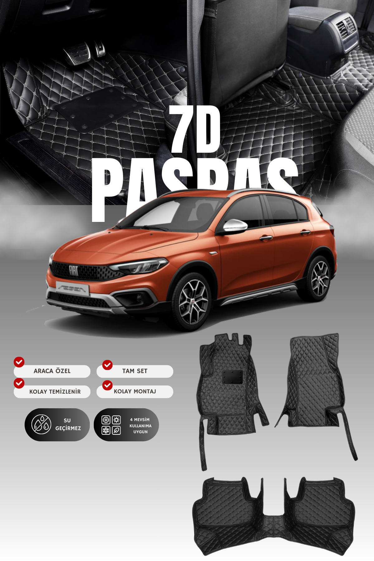 stiloto Fiat Egea Cross (2021-2025) 7D Deri Havuzlu Oto Paspas | Tam Koruma,Araca Özel & Hızlı Montaj