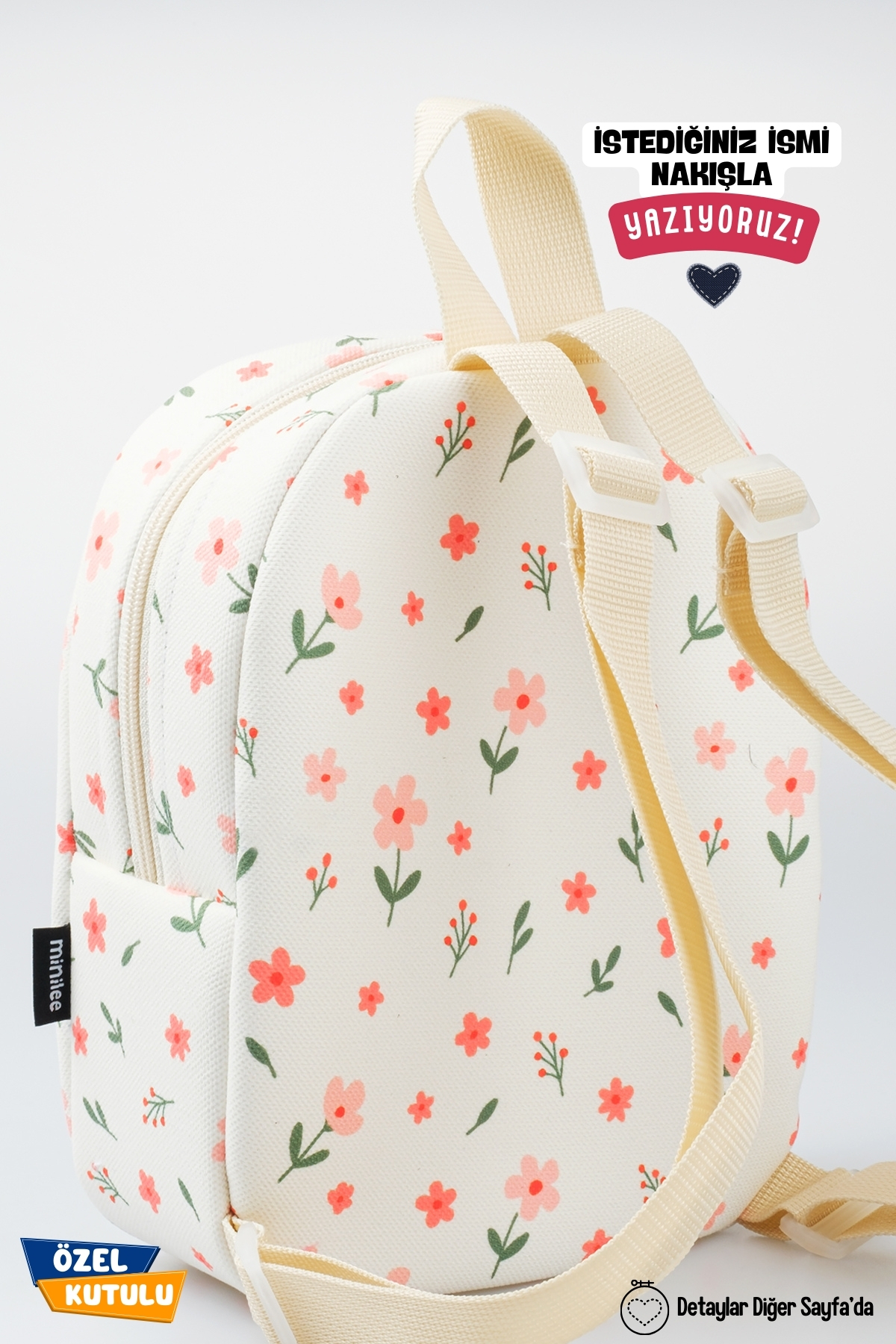 Minilee  Minik Çiçekler – Çiçek Desenli Anaokulu Kreş Çocuk Çantası Kişiye Özel Nakışlı - Görsel 5