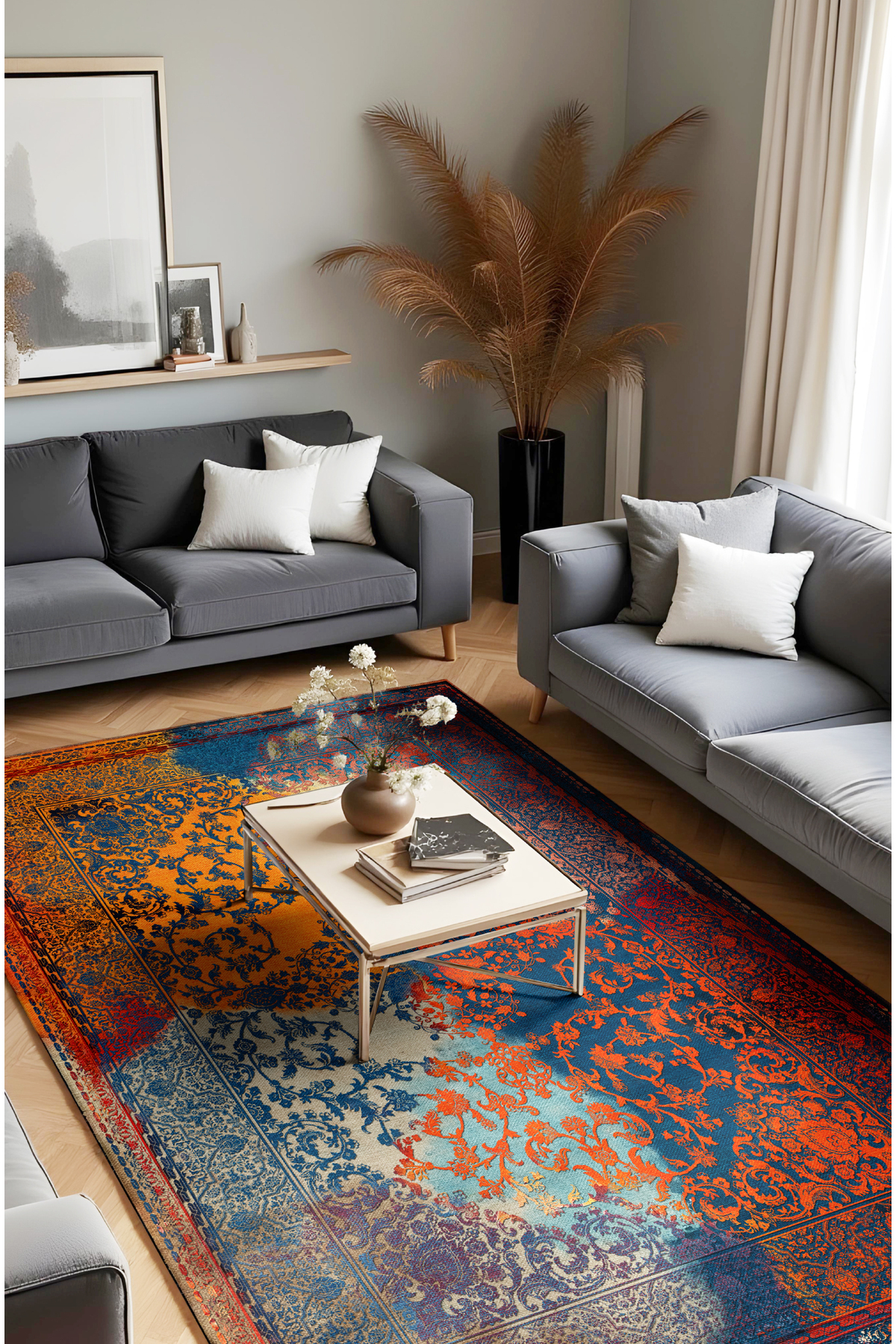 Navy Blue Abstract Themed Modern Digital Printed Woven Based Chenille Carpet