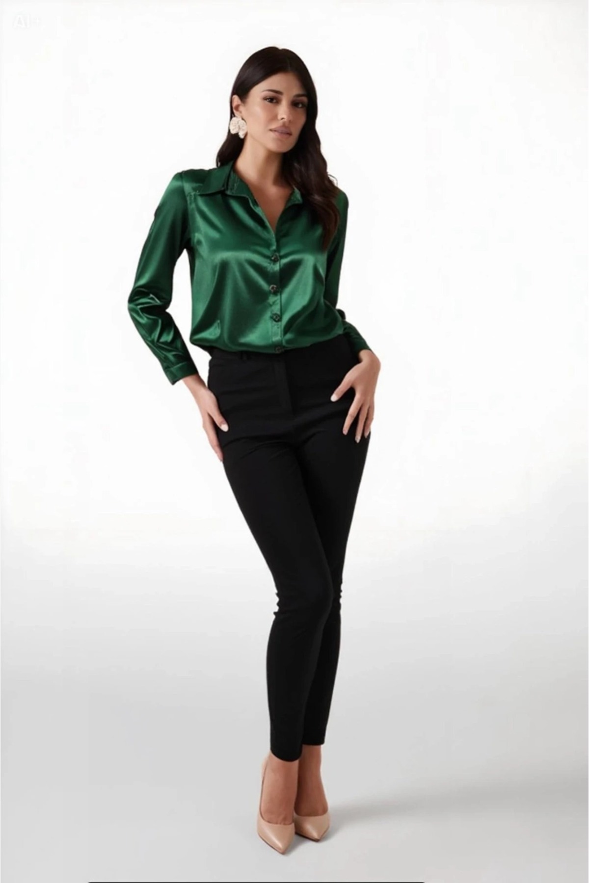 Yasmy Collection  Kadın Zümrüt Yeşili Hafif Dökümlü Saten Yüzeyli Gömlek HZ25-YS25