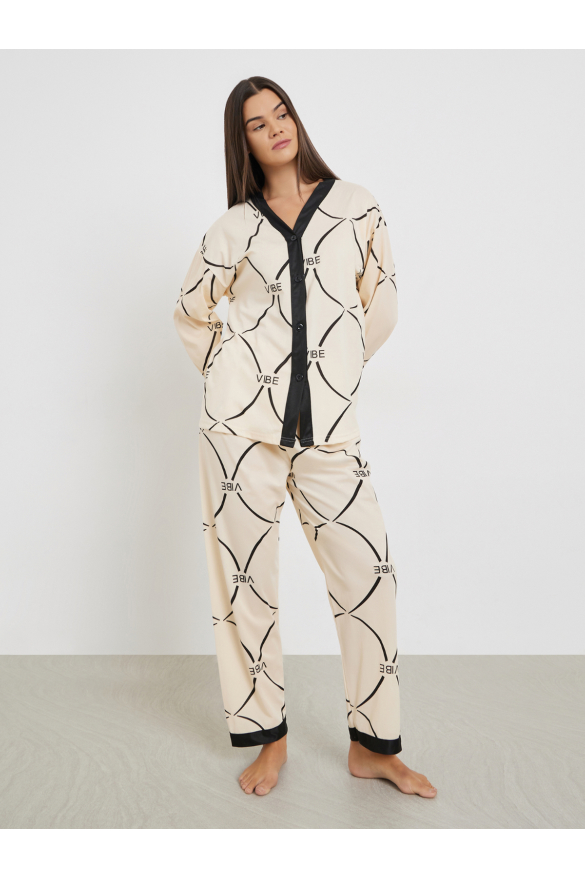 Styli Printed V Neck Shirt and Pyjama Set