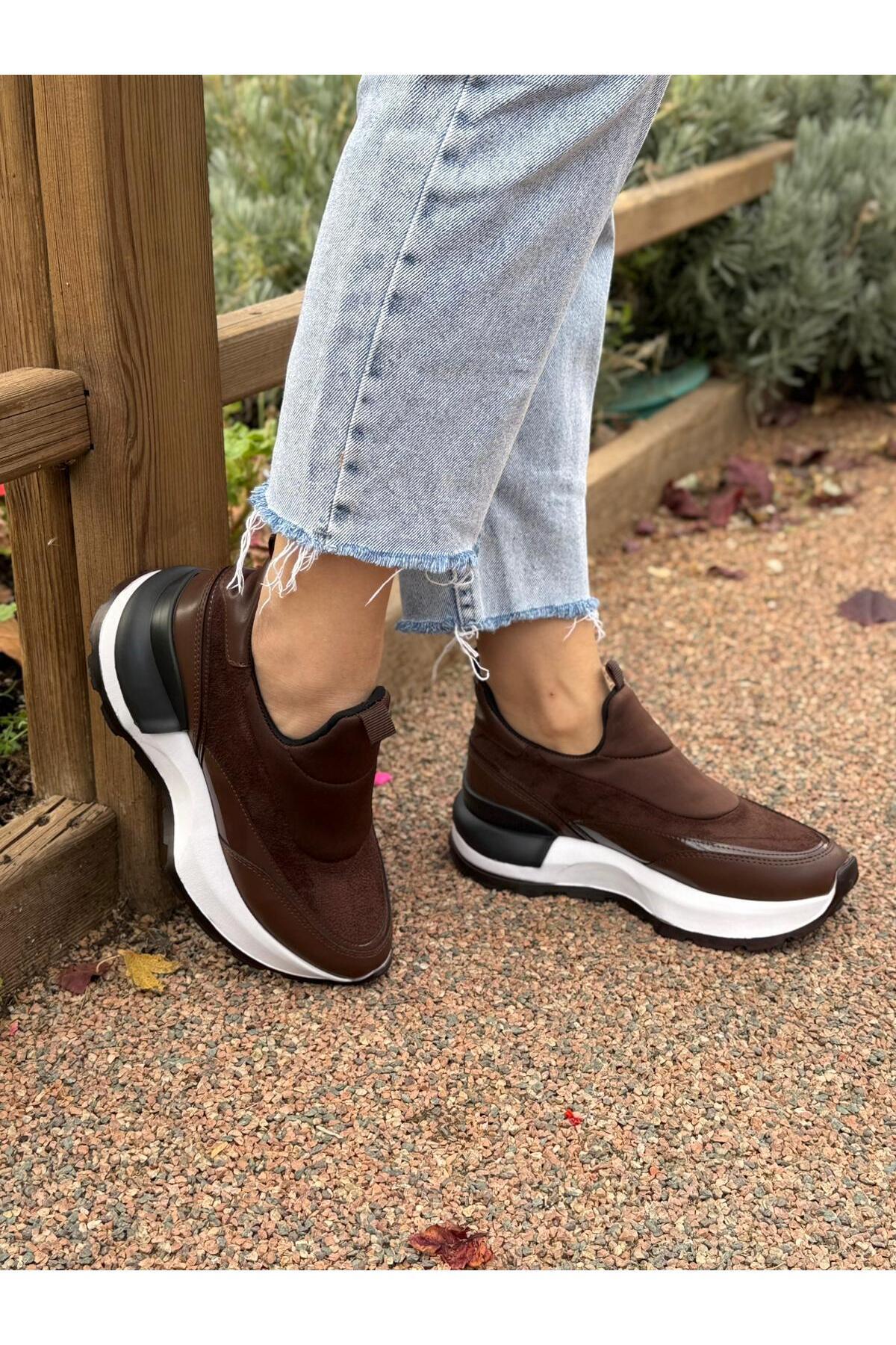 Kadın Kahverengi Yüksek Tabanlı Günlük Slip-On Ortopedik Tabanlı Yürüyüş Ayakkabısı Sneaker