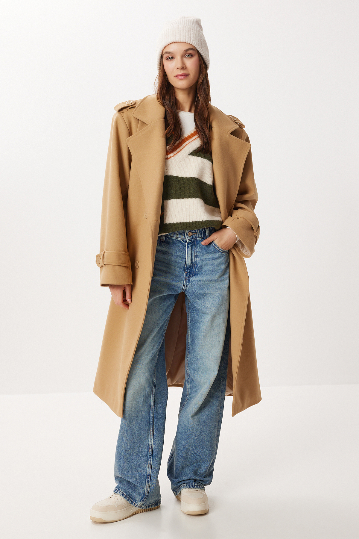 Lovelyİstanbul  Kruvaze Yaka Kuşaklı Kaşe Kaban LNT0016 BİSKÜVİ - Görsel 2