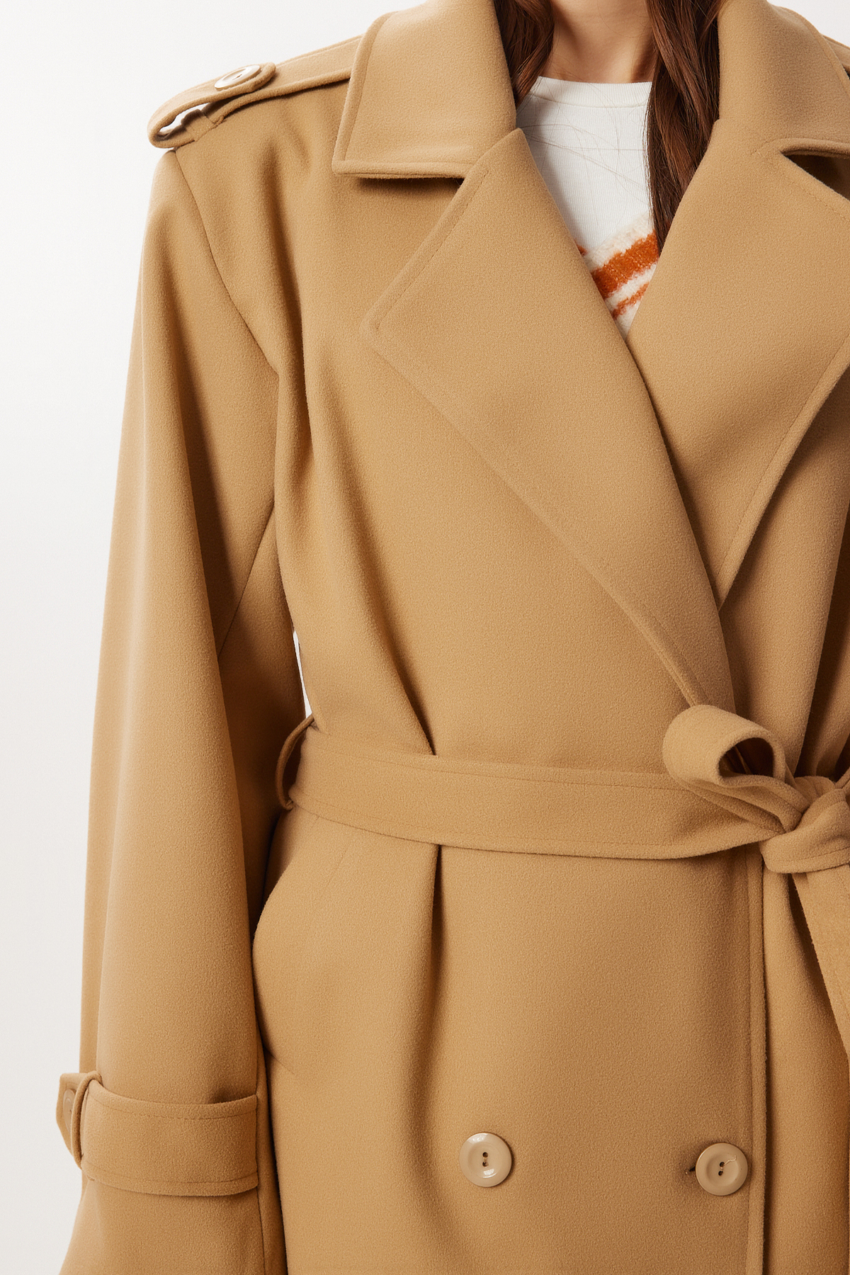 Lovelyİstanbul  Kruvaze Yaka Kuşaklı Kaşe Kaban LNT0016 BİSKÜVİ - Görsel 6