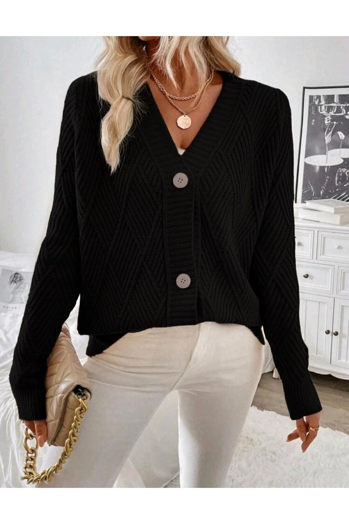 SolQ  Baklava Desenli Düğmeli Model Dokuma Detaylı Uzun Kollu Triko Hırka - Görsel 5