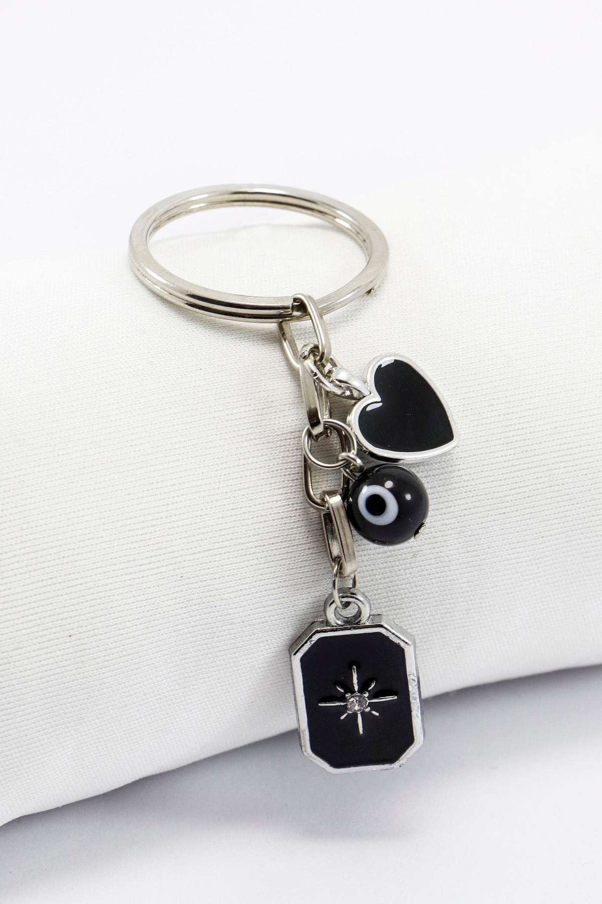 Little Black North Star Heart Glass Evil Eye Bead Keychain, Gift Bag Ornament