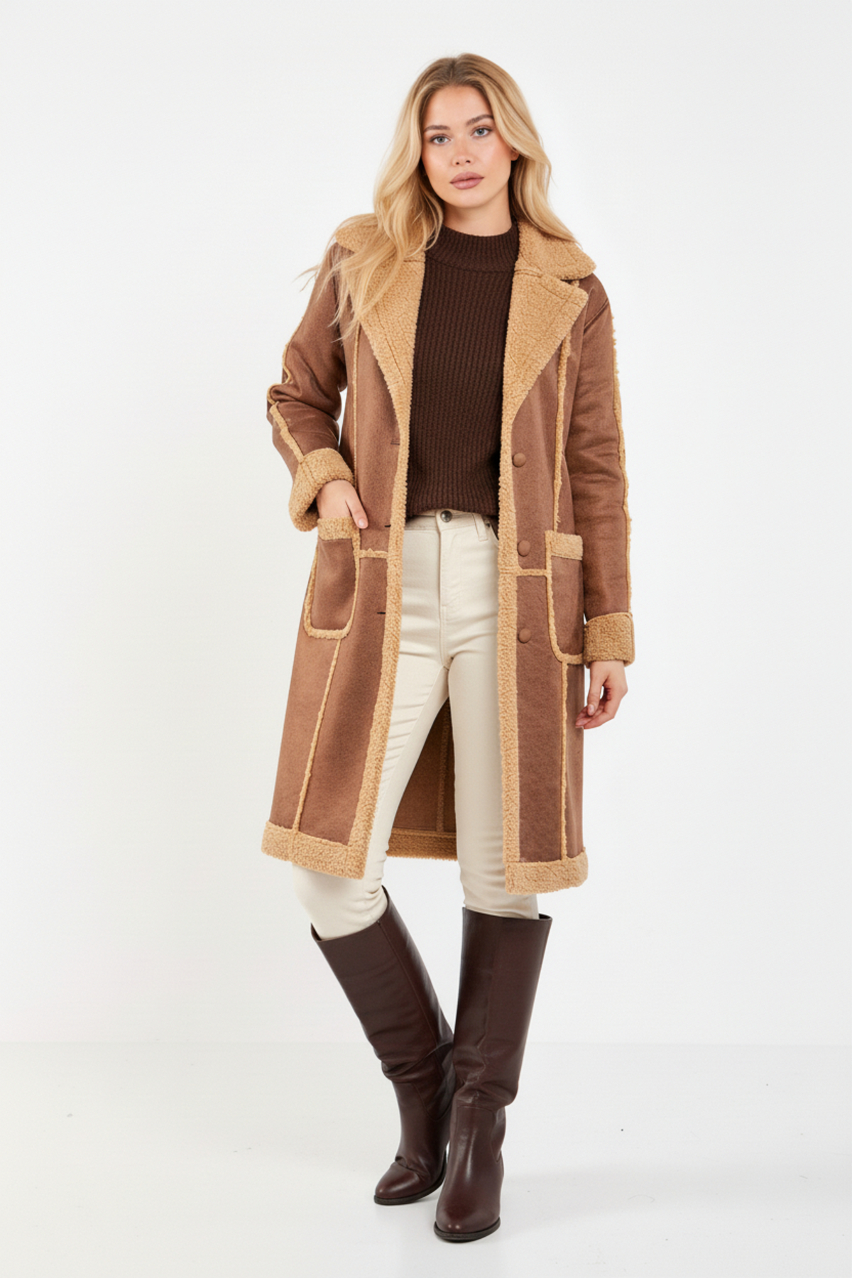 Volanlı  KAHVERENGİ ŞERPA PALTO - Görsel 4