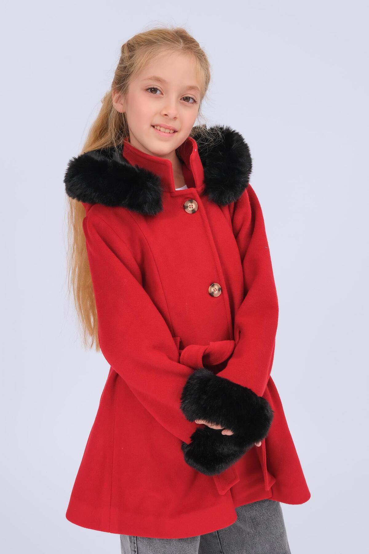 Perendi Kız Çocuk Kürk Detaylı Kapüşonlu Kuşaklı Kaşe Kaban – Kırmızı fotoğrafı 2 (önizleme)