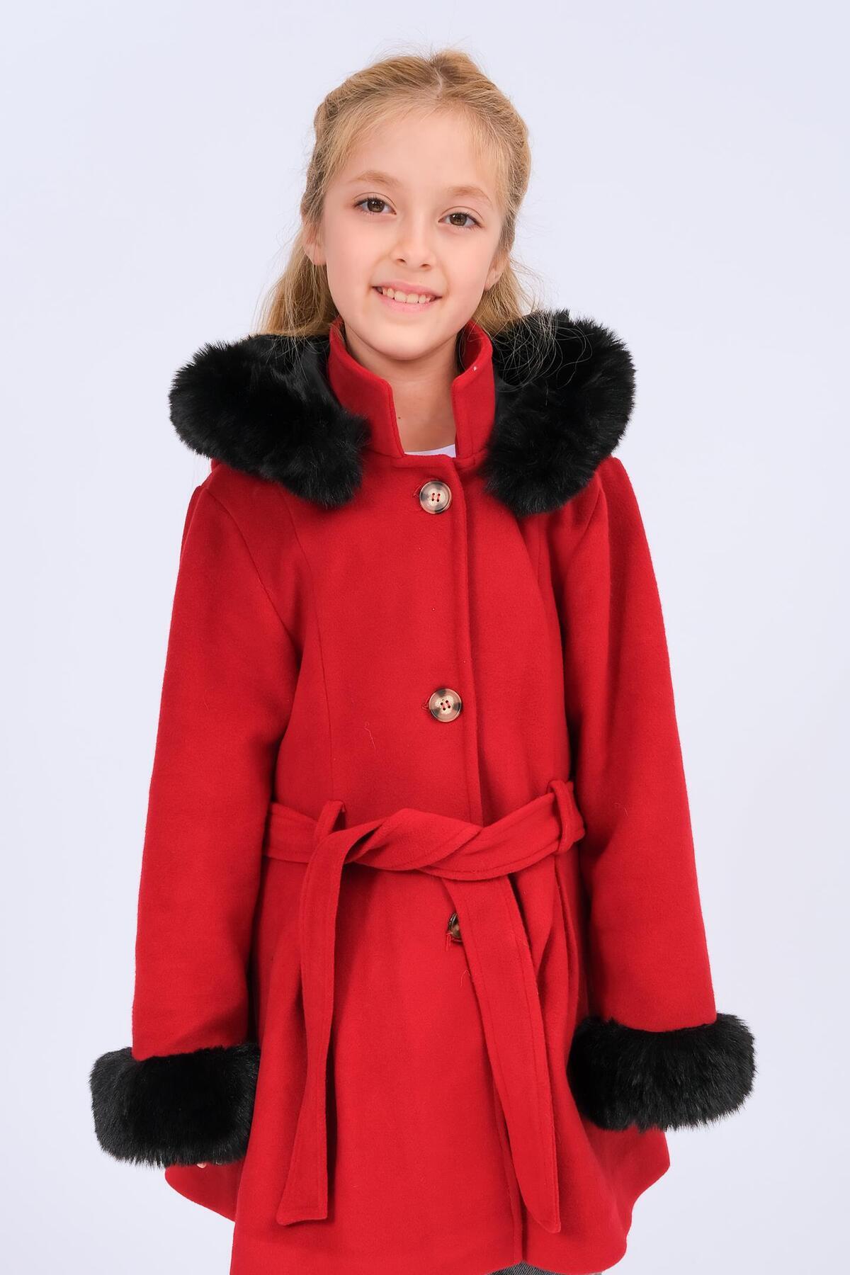 Perendi Kız Çocuk Kürk Detaylı Kapüşonlu Kuşaklı Kaşe Kaban – Kırmızı fotoğrafı 5 (önizleme)