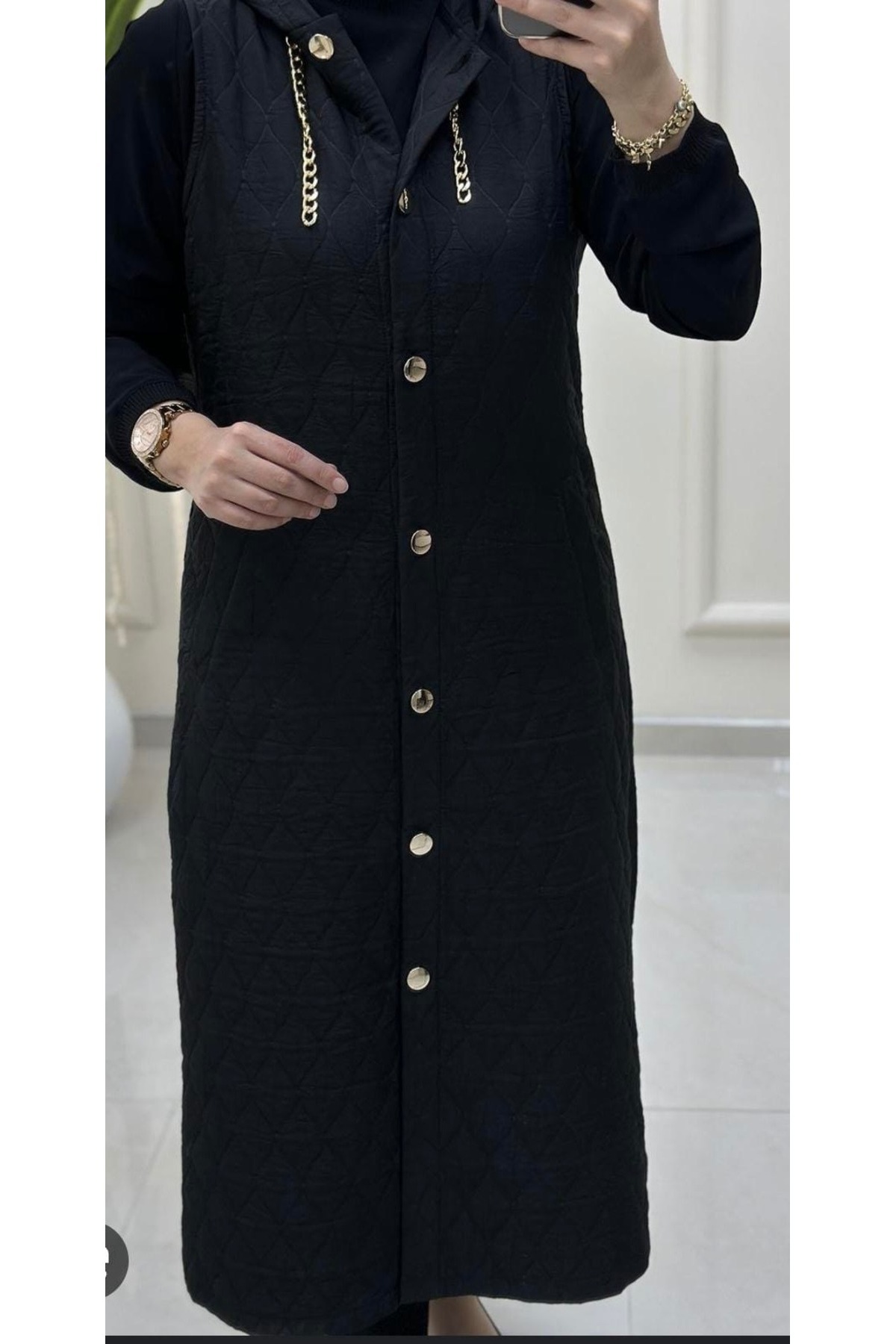 FASHION Örme zincirli kapitone uzun yelek