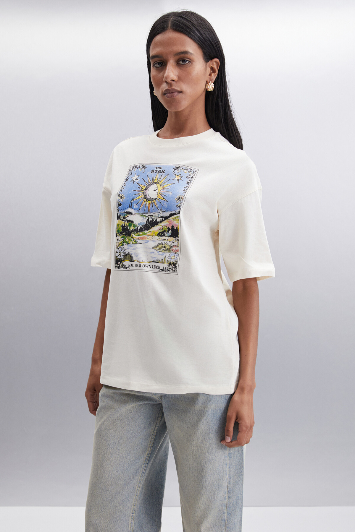 ETHIQUET  ENYA Kadın Baskı Detaylı Oversize Fit Bol Kesim Bisiklet Yakalı %100 Organik Pamuklu Vanilya T-Shirt - Görsel 3