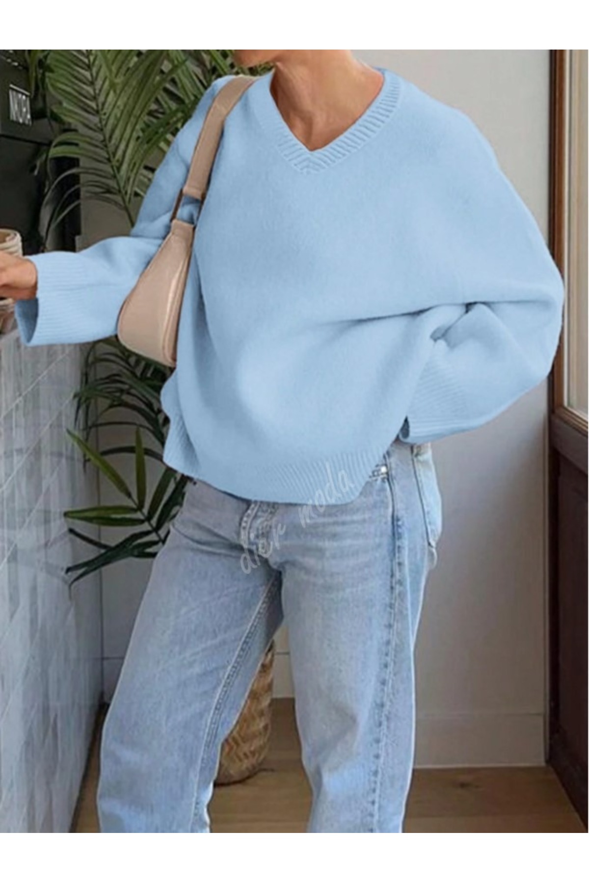 Dier Moda  Kadın Mavi V Yaka Oversize Triko Kazak, Triko Kazak Fmoda1970 - Görsel 6