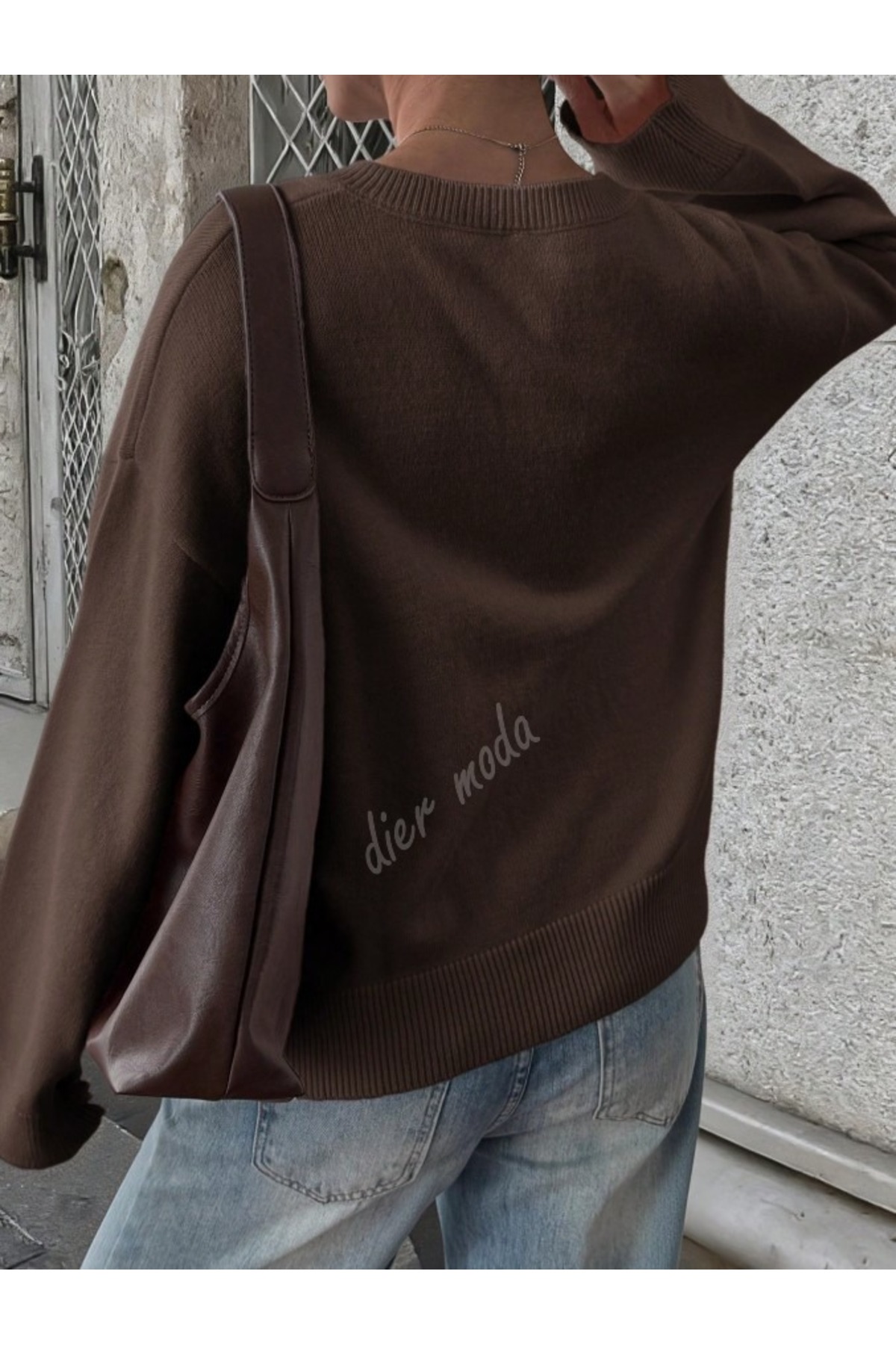 Dier Moda  Kadın Kahverengi V Yaka Oversize Triko Kazak, Triko Kazak Fmoda1970 - Görsel 3
