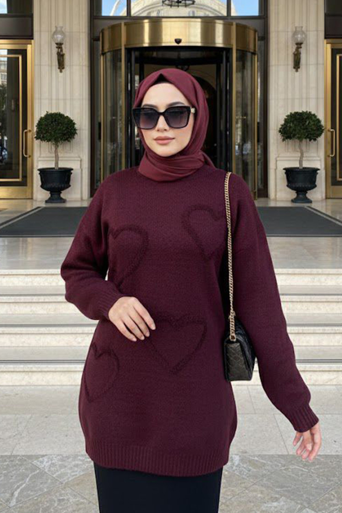 N.S NEVA STYLE Kalp Desenli Bordo Tesettür Triko Kazak Tunik 8802BR
