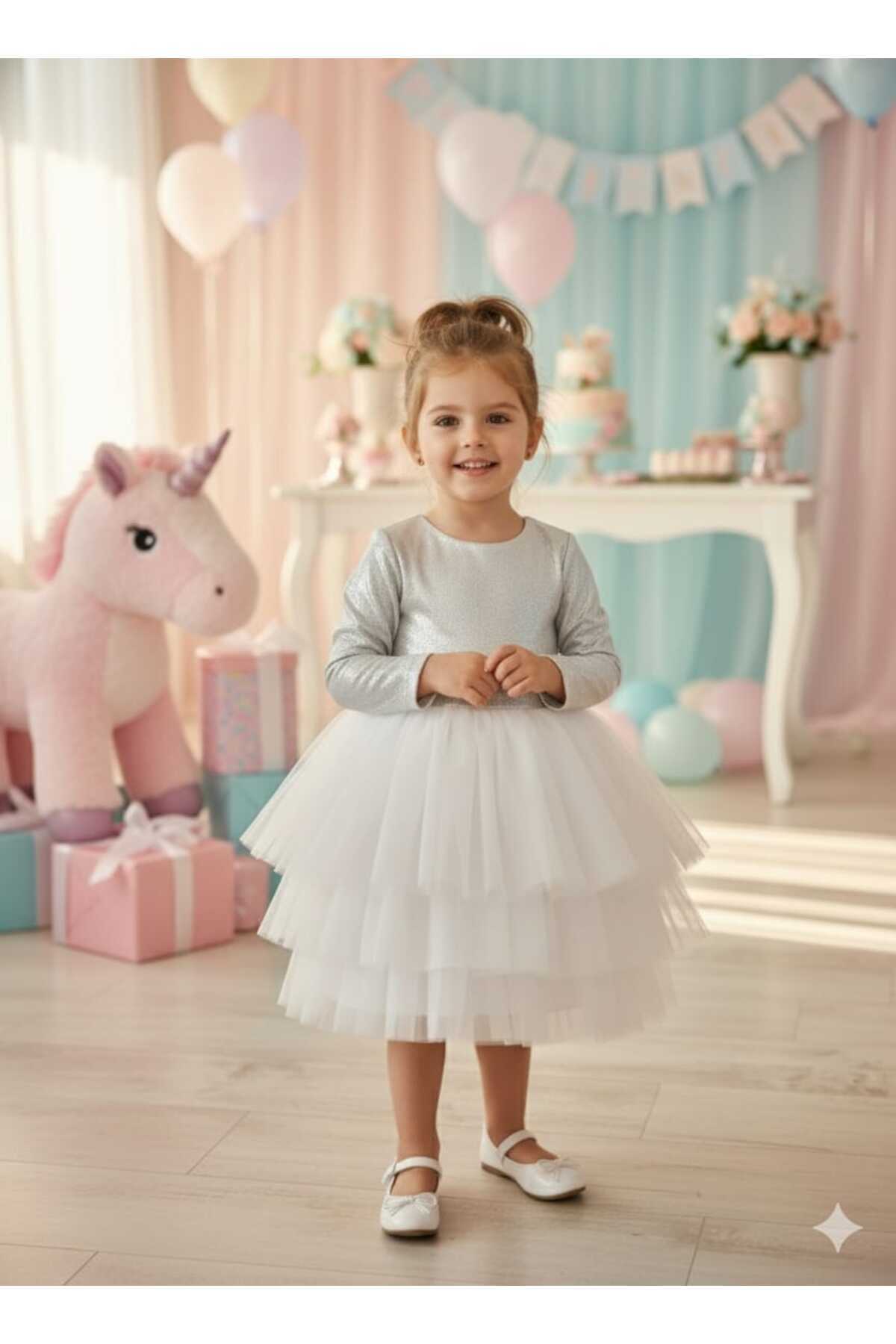 Ecru Glossy Jersey Floor Skirt Long Sleeve Baby Girl Girl Dress