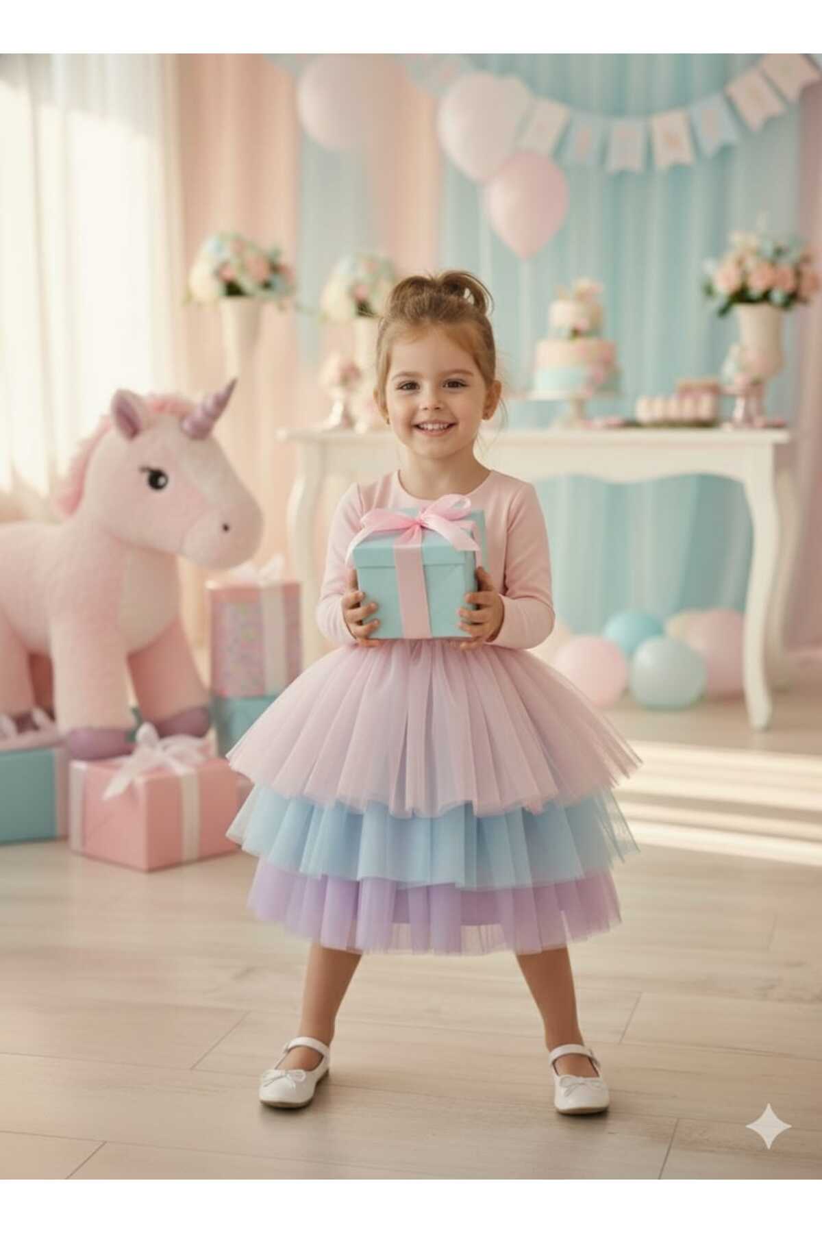 penu baby kids Pembe Düz Jarse Kat Etekli Uzun Kol Kız Çocuk Kız Bebek Elbise fotoğrafı 3 (önizleme)