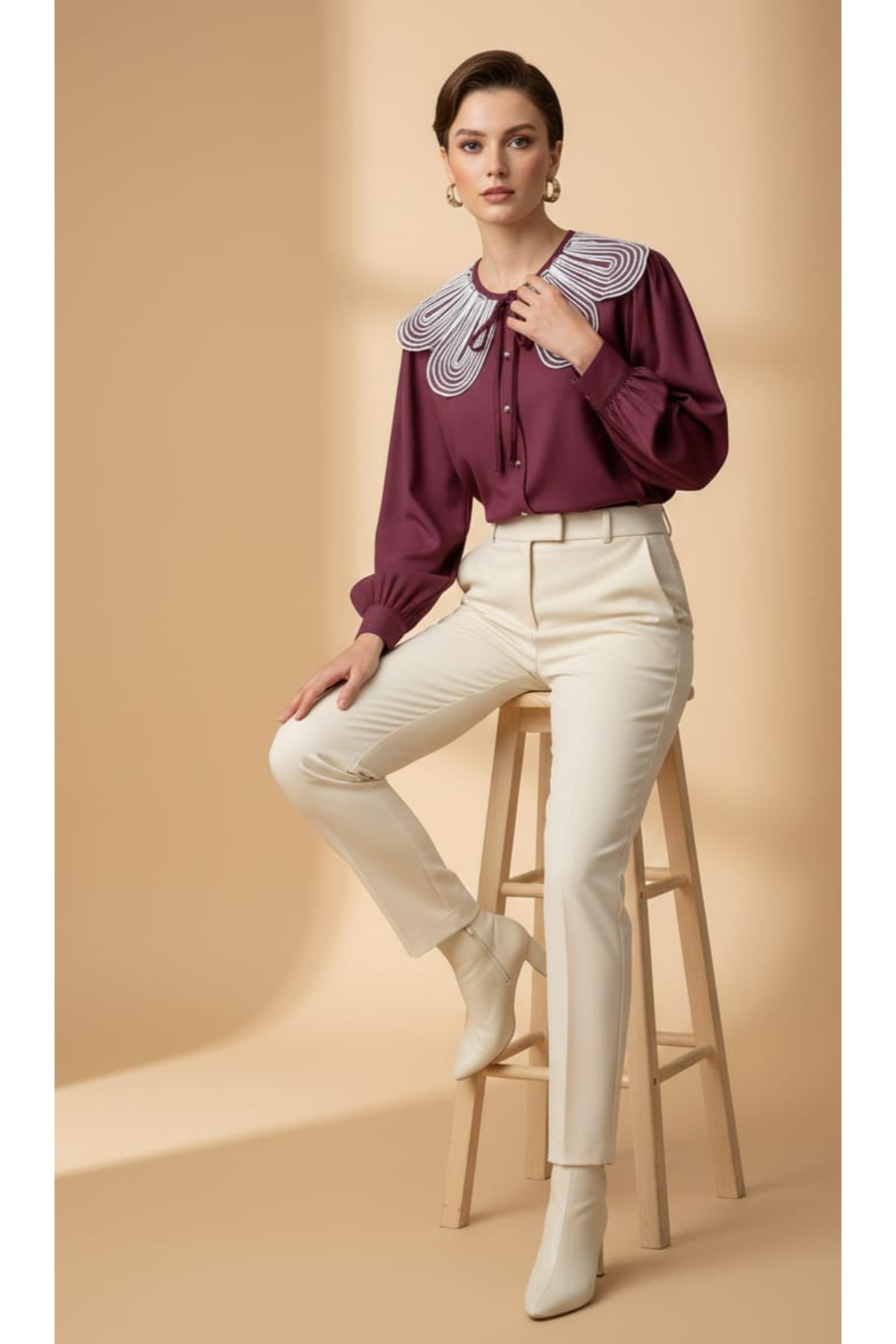 Dagü Design Women's Baby Collar Burgundy Balloon Sleeve Poplin Shirt