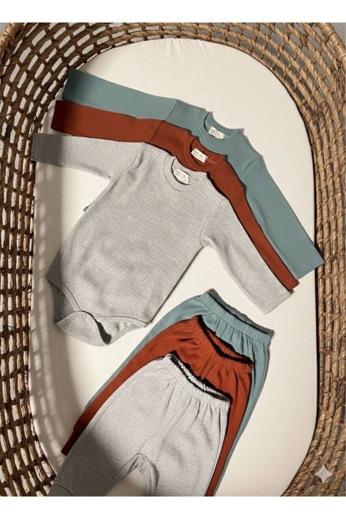 babykugu 3'lü %100 Pamuklu Uzun Kol Bebek Body Pantolon Takım fotoğrafı 4 (önizleme)