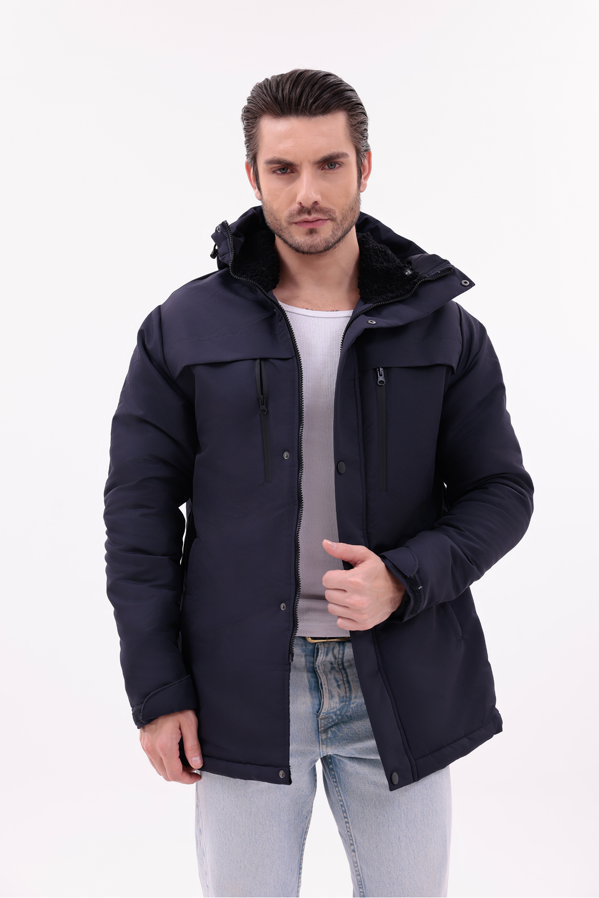 Erkek Taş Içi Polarlı Kürklü Su Ve Geçirmez Kışlık Mont & Kaban & Parka — سرمه‌ای FMP-105