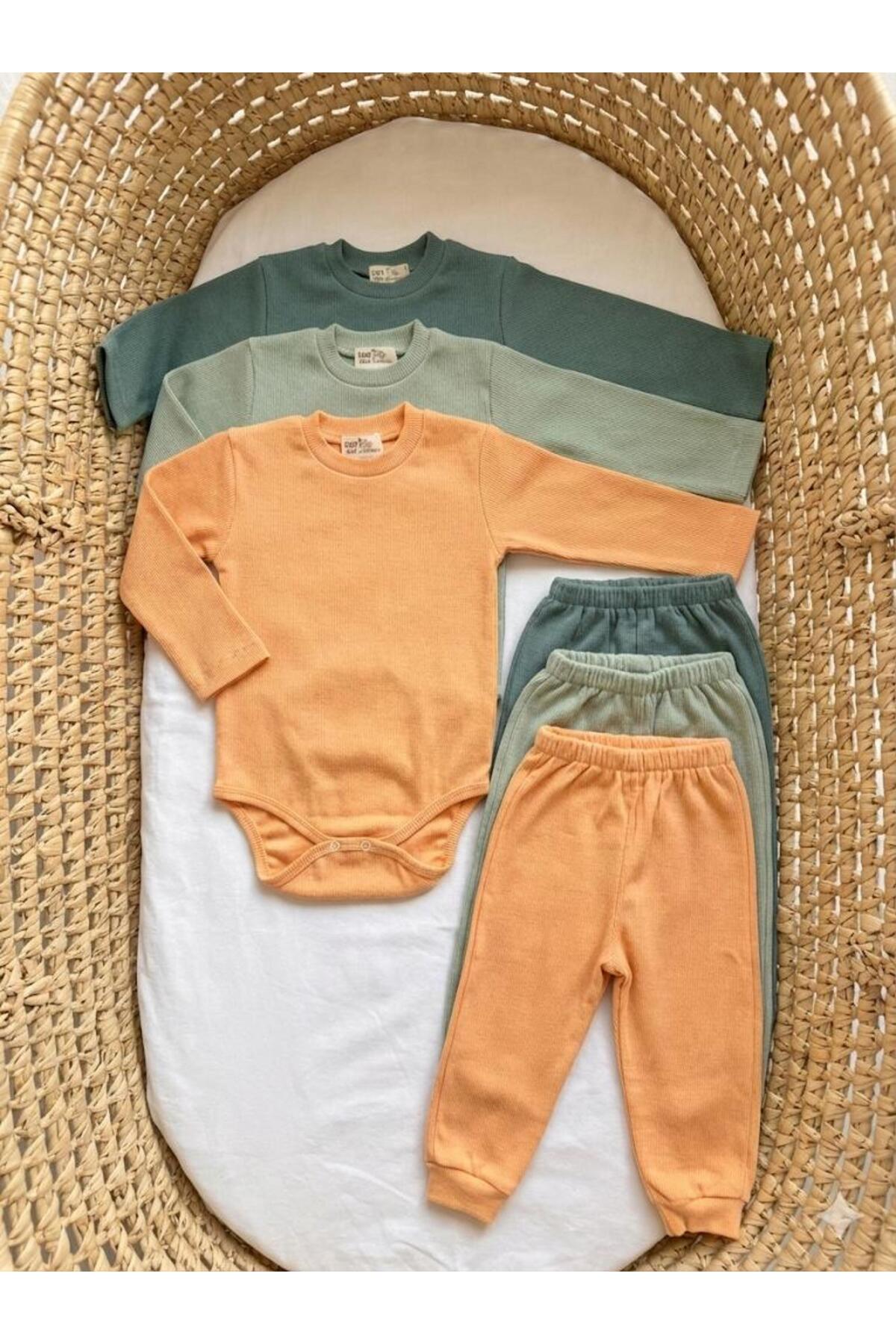 babykugu 3'lü %100 Pamuklu Uzun Kol Bebek Body Pantolon Takım fotoğrafı 4 (önizleme)