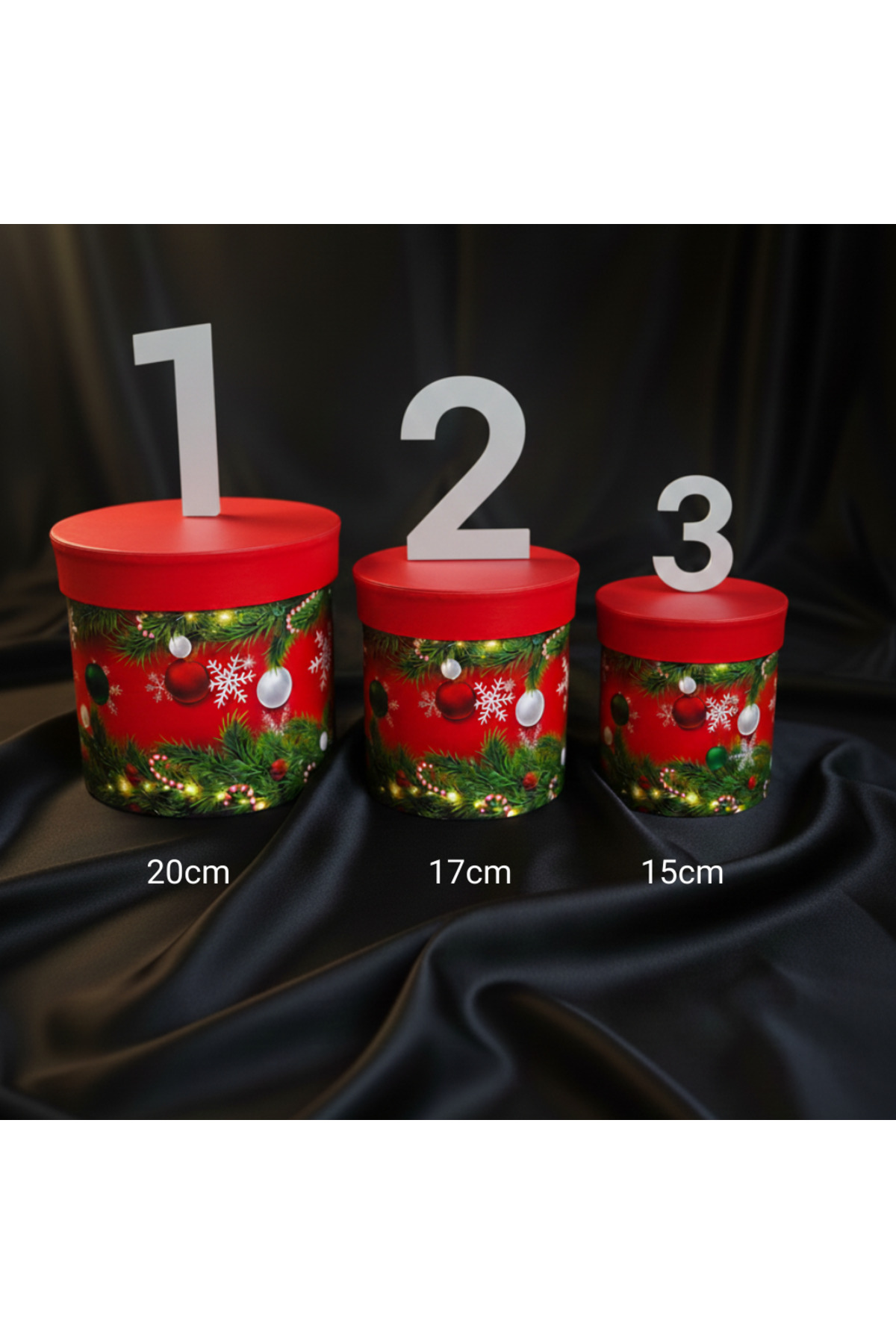 Yılbaşı Temalı 3Lü Set Silindir Şeklinde Boş Hediye Kutusu, Sert Mukavva Kutu (20cm-17cm-15cm)
