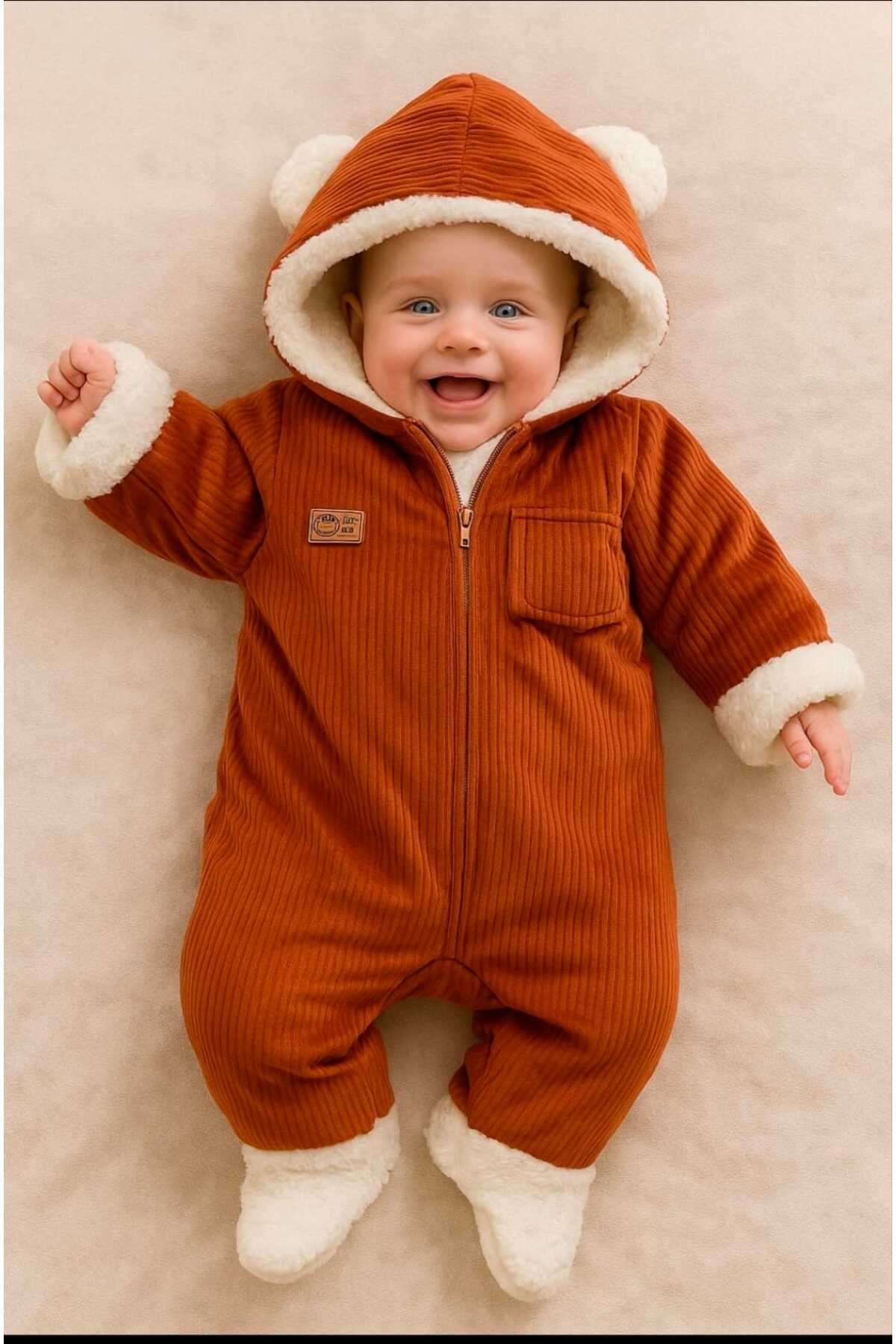 NOMİRO Wellsoft Süper Yumuşak Fitilli Kadife Bebek Tulumu - Kulaklı Kapüşonlu fotoğrafı 3 (önizleme)