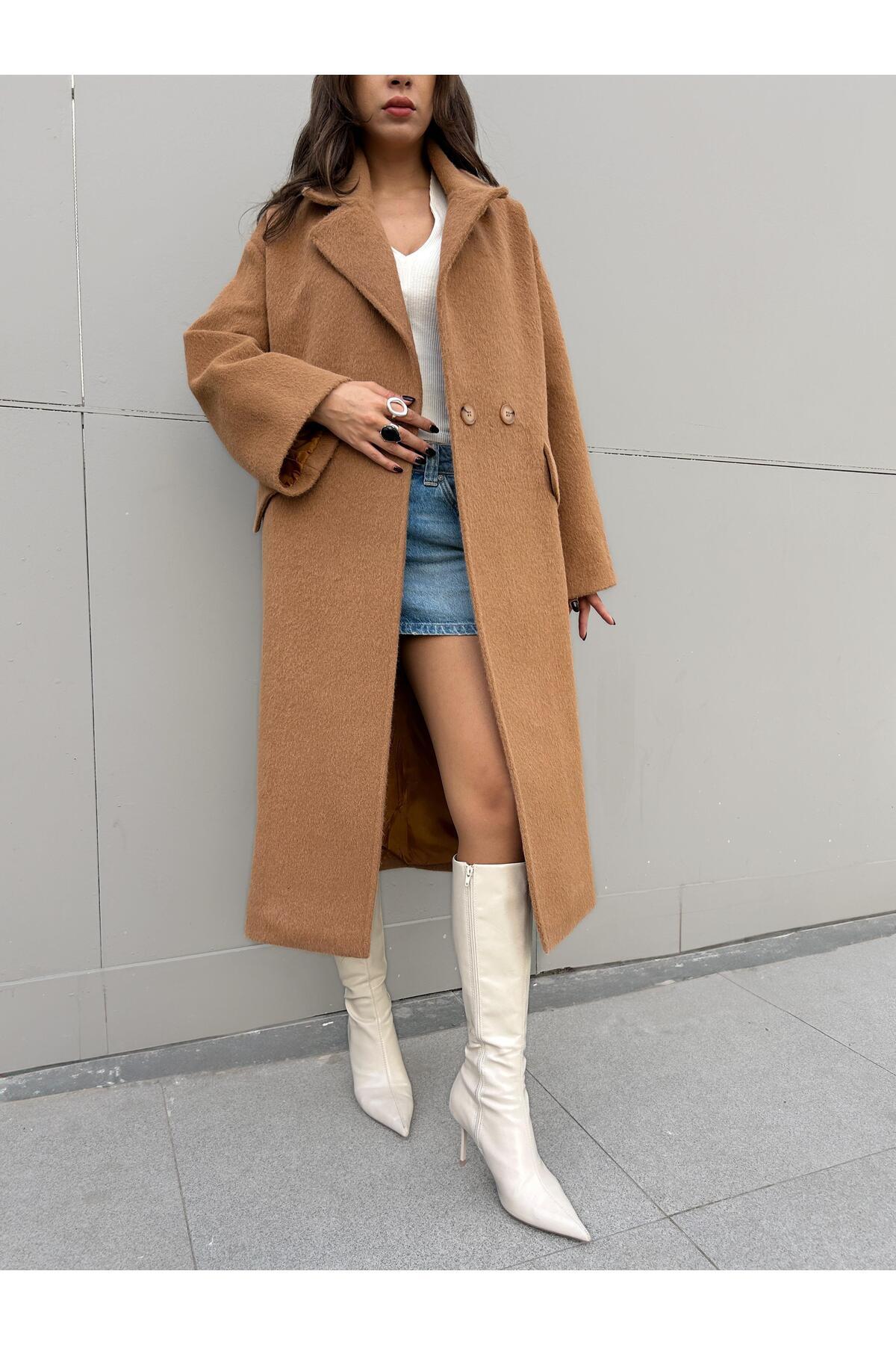 mina aise Kadın Camel Astarlı Uzun Oversize Kaşe Kaban 30110 görsel 4