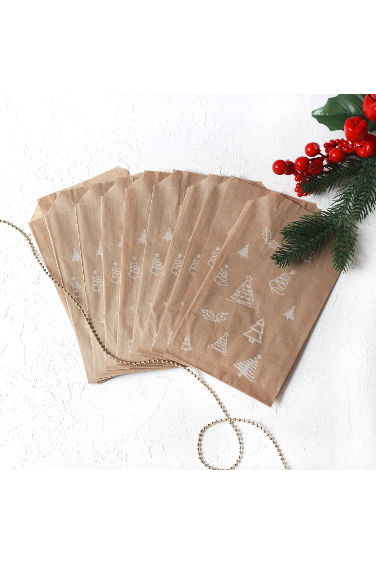 Bimotif Çam desenli kese kağıdı, kraft-beyaz 11x20 cm - 5 adet