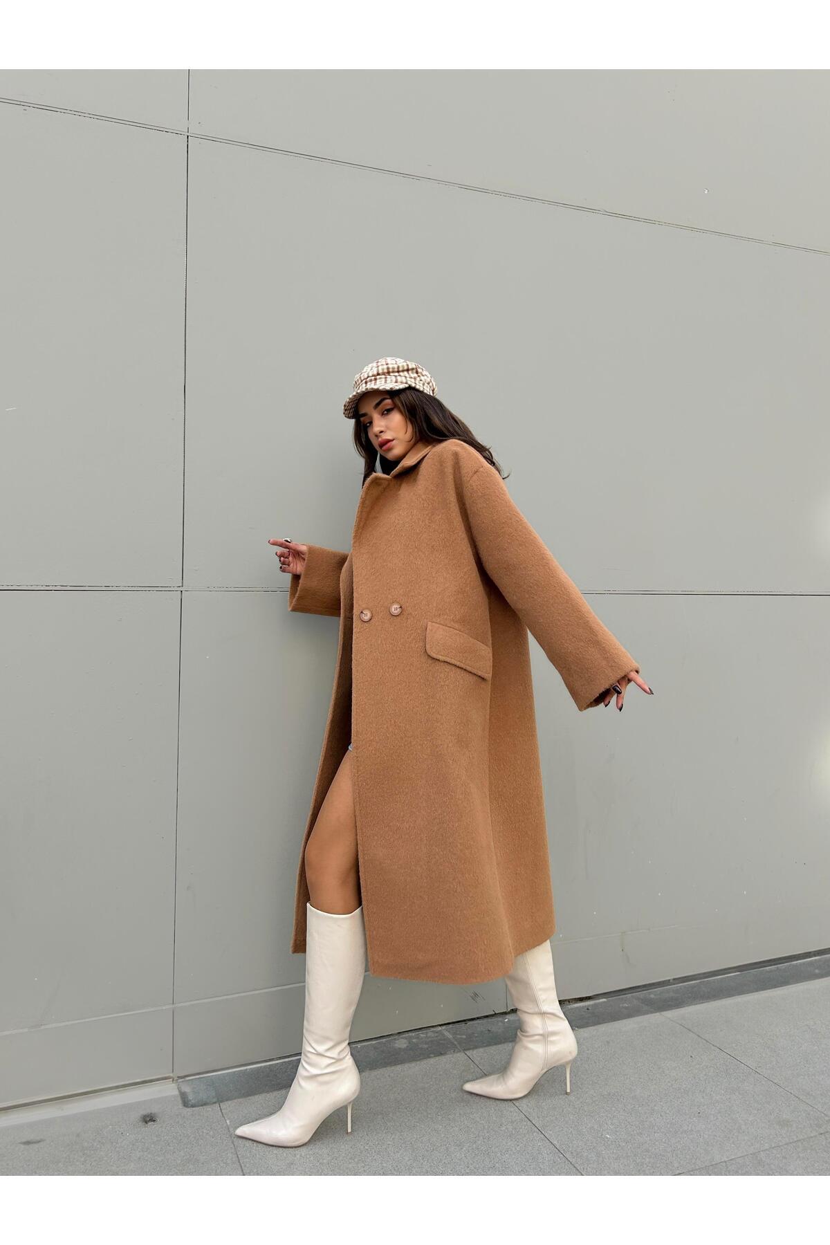 mina aise Kadın Camel Astarlı Uzun Oversize Kaşe Kaban 30110 görsel 2