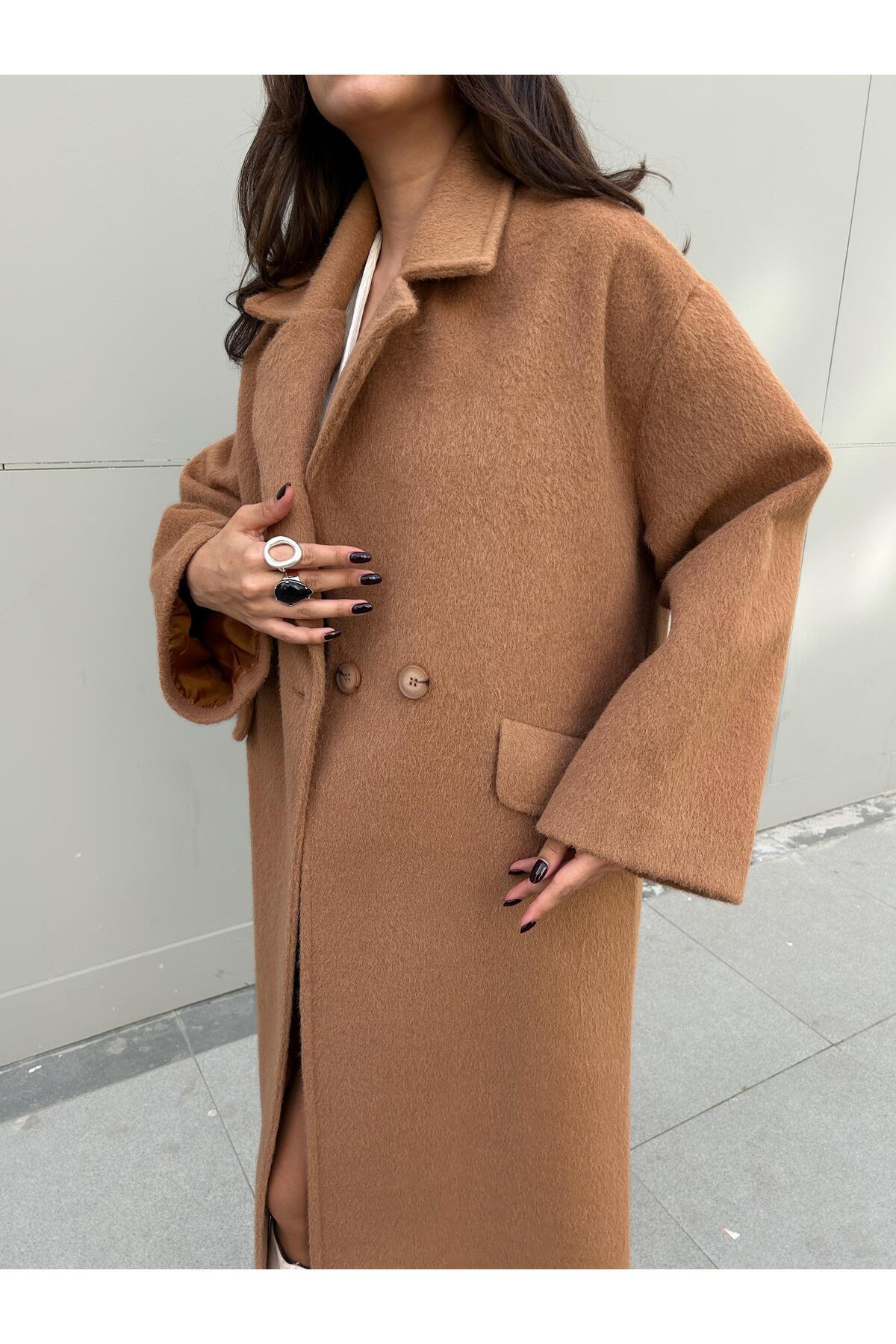 mina aise Kadın Camel Astarlı Uzun Oversize Kaşe Kaban 30110 görsel 8