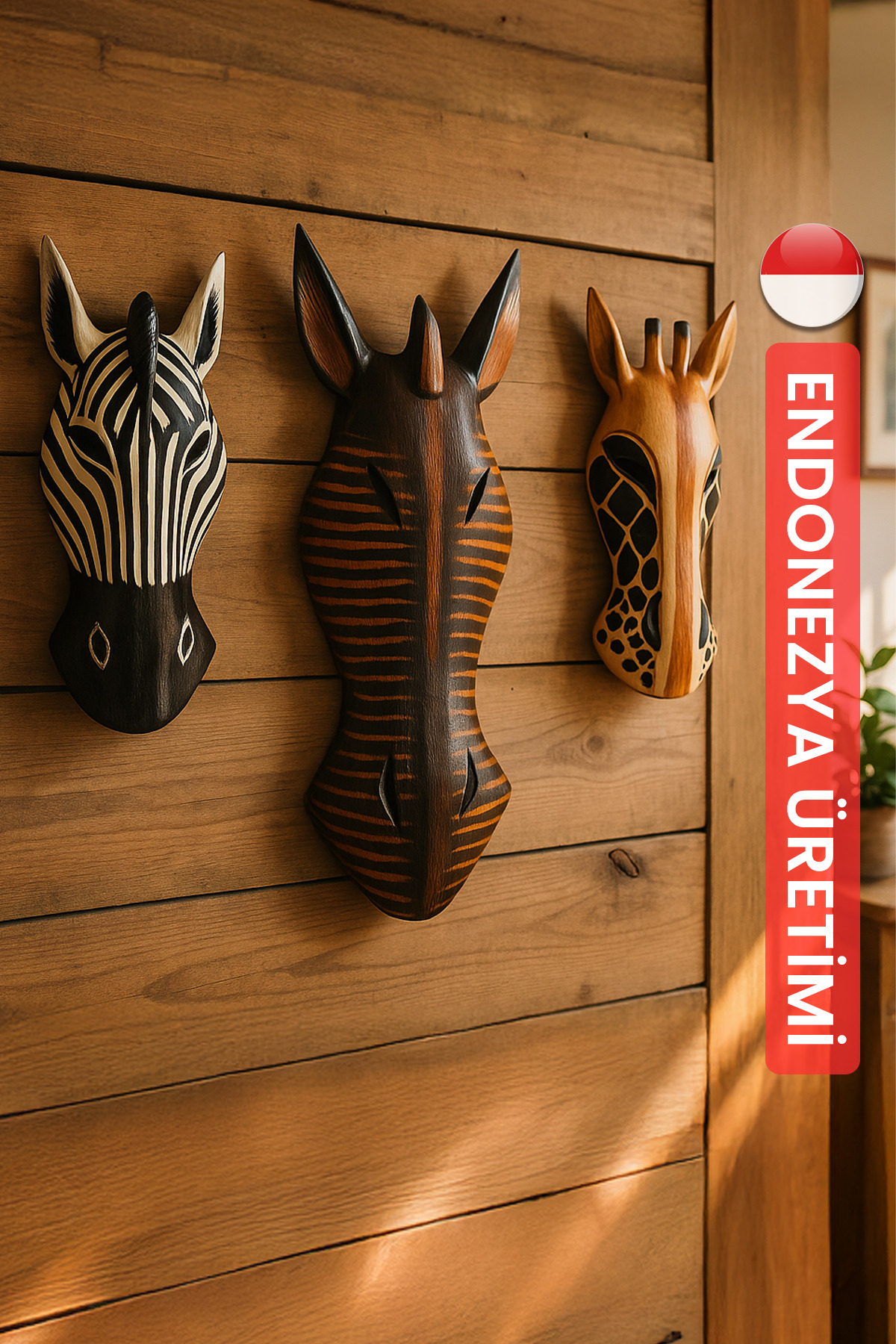 Hedicaret Üçlü Mask Seti Zebra Zürafa Ahşap Duvar Objesi Maske