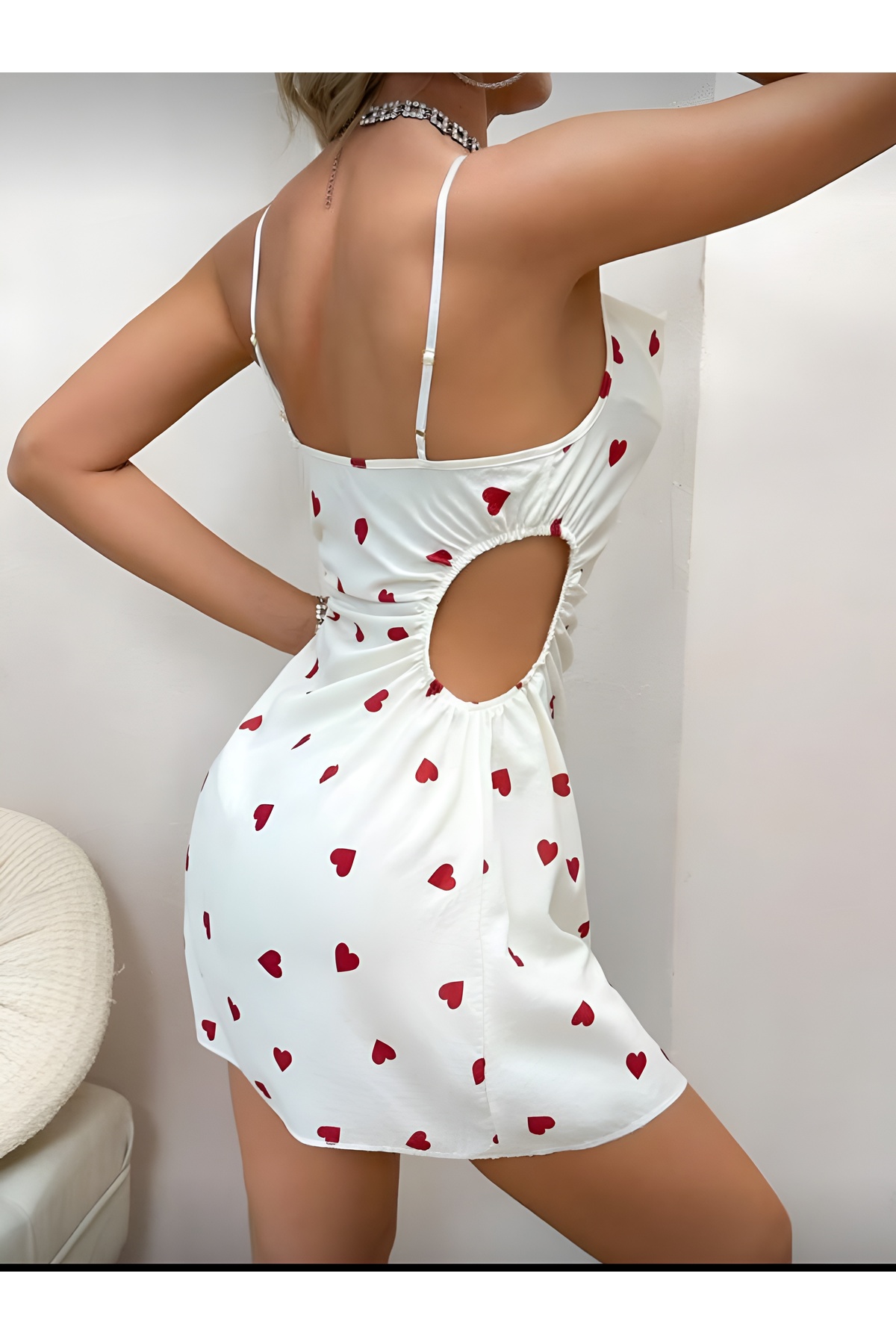 MOR SUBVAY  Kadın Beyaz Kalp Baskılı Bürümcük Şık Elbise Takımı - Görsel 3